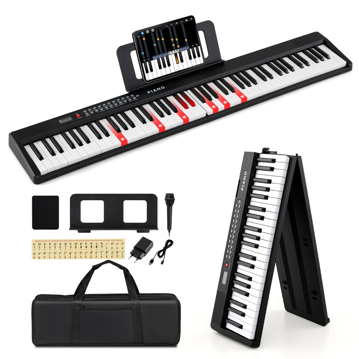 Taittuva elektroninen kosketinsoitin puolipainotetuilla koskettimilla, jaettu toiminto, Sostenuto-pedaali, 88-koskettiminen pianokoskettimisto kahdella kaiuttimella, musta