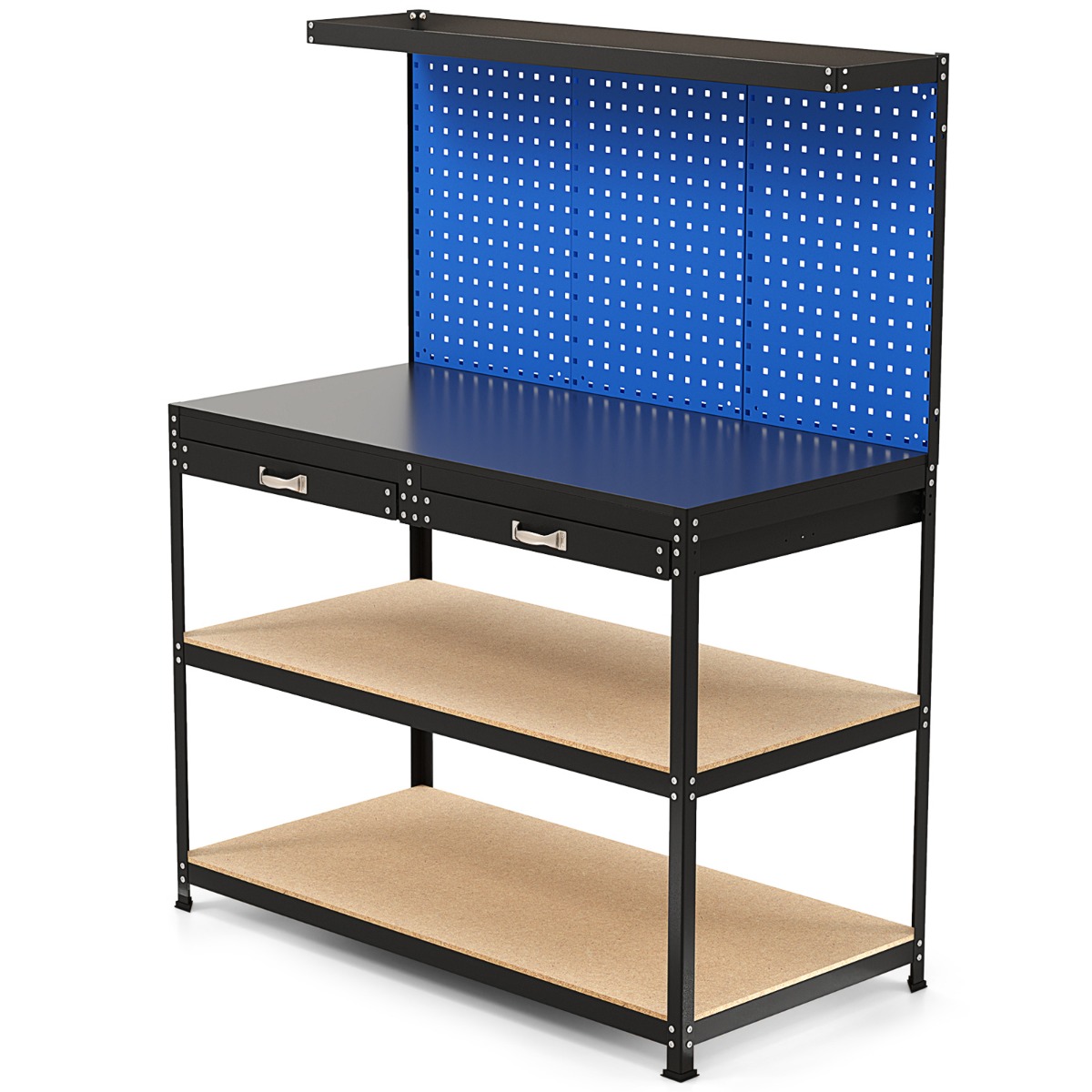 Tööriistaseina ja mahuka sahtliga metallist töölaud ning garaaži ja töökoja kruustangilaiendusega werktisch (121 x 61 cm, kuni 230 kg), sinine