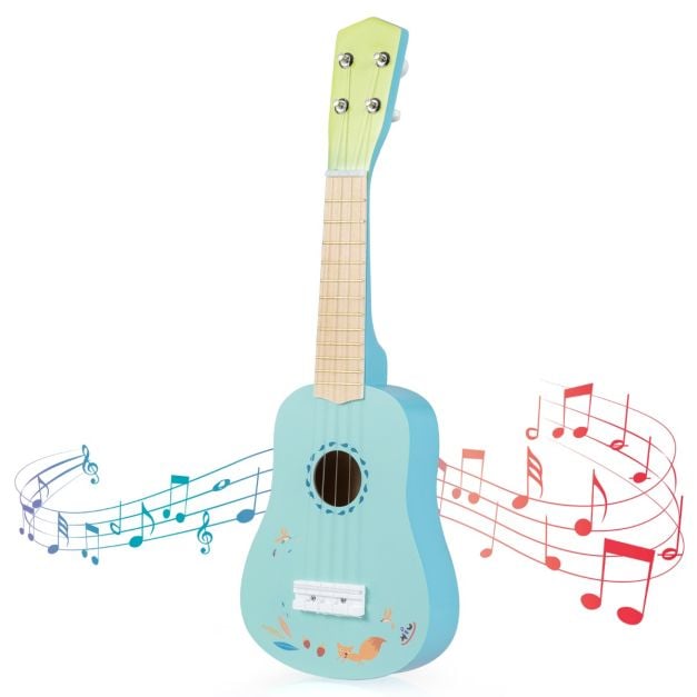 Pärnapuidust korpusega neljakeeleline mini-ukulele ja kitarr lastele alates 3. eluaastast (pikkus 53 cm), helesinine