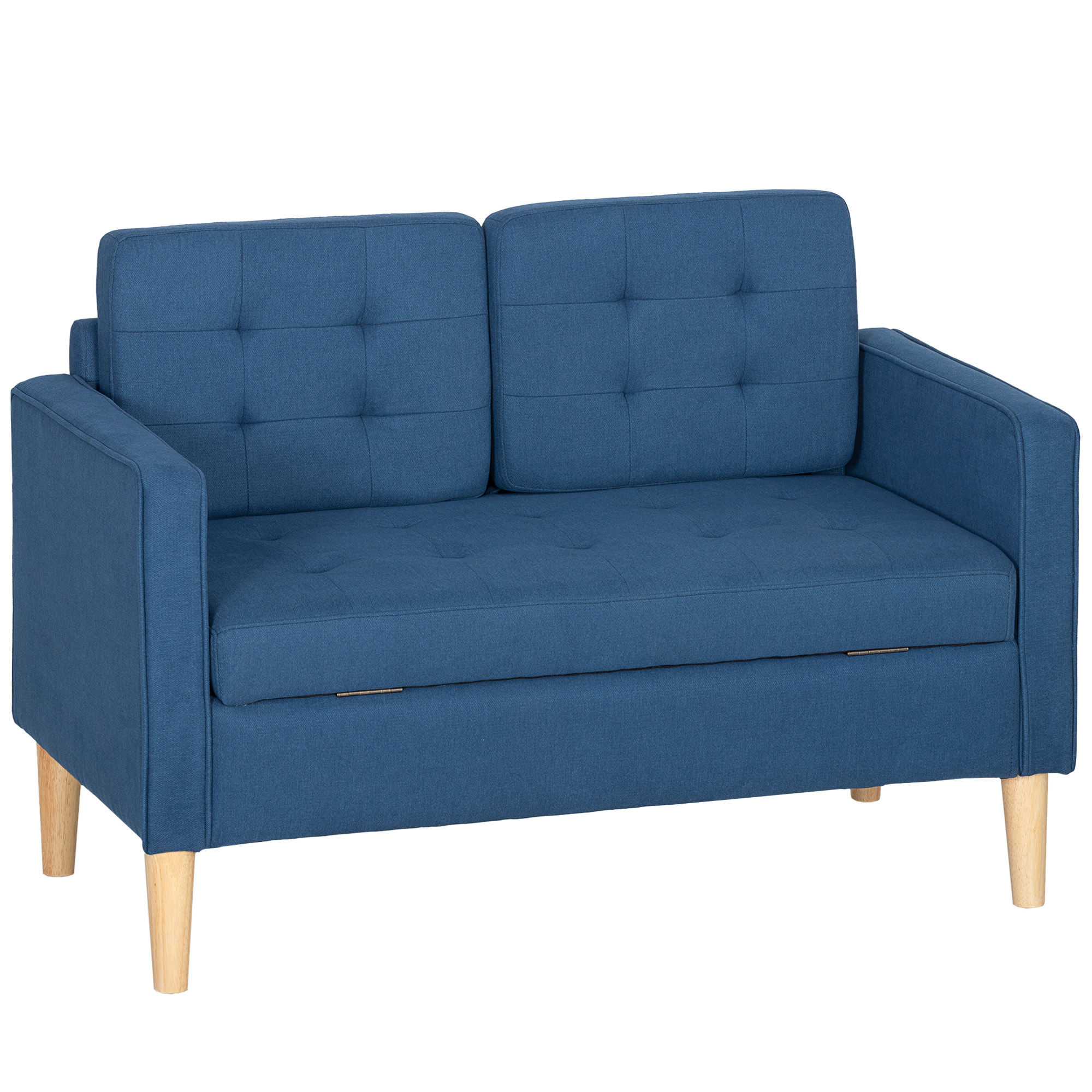 Kahden istuttava sohva säilytystilaa, nappituppu, tyynyt, kumipuu, 117x62x78cm, sininen