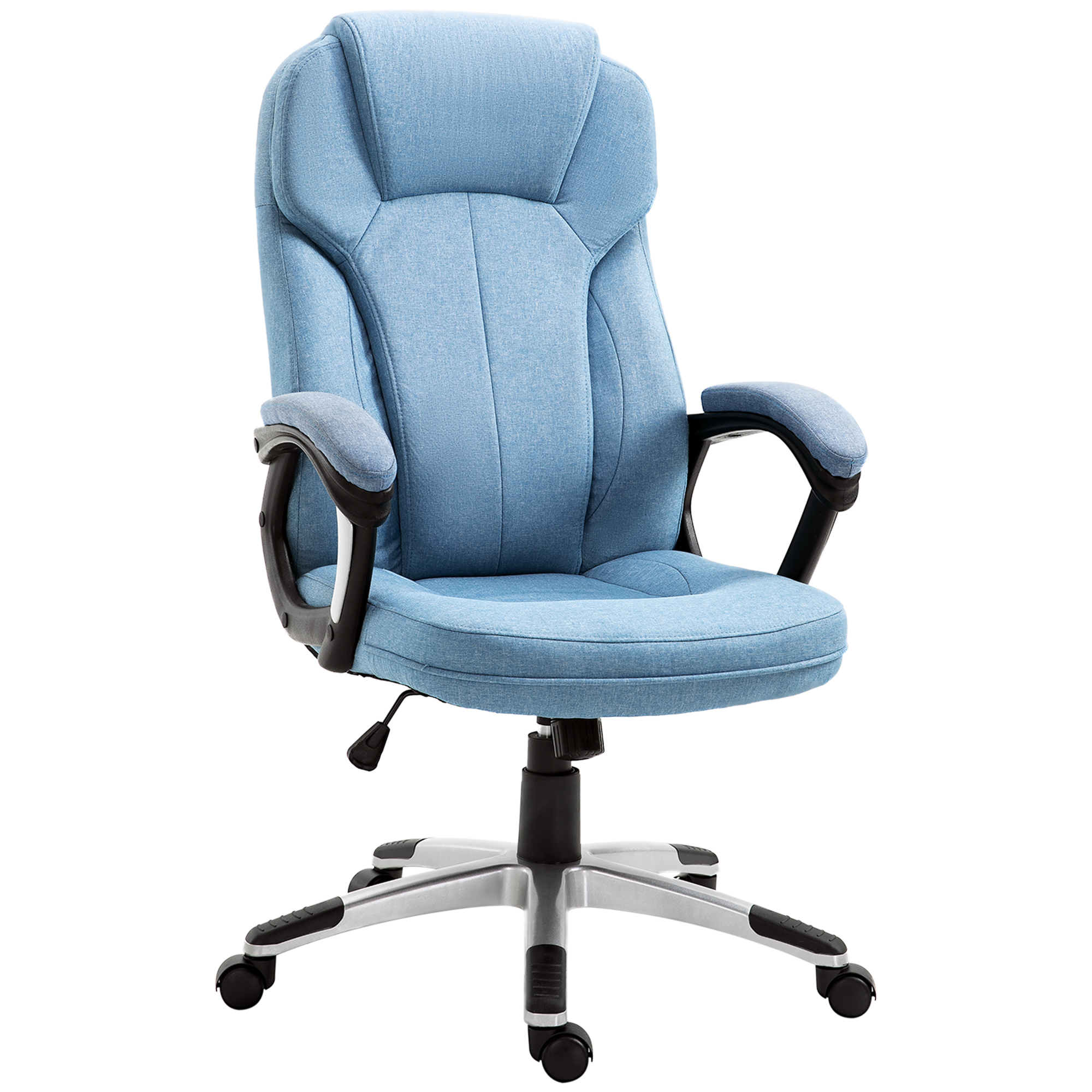 Toimistotuoli, tietokonetuoli, pyörivä tuoli, korkeussäädettävä, keinutoiminto, niskatuki ja pehmustetut käsinojat, ergonominen, vaaleansininen pellava, 66 x 75 x 110–120 cm