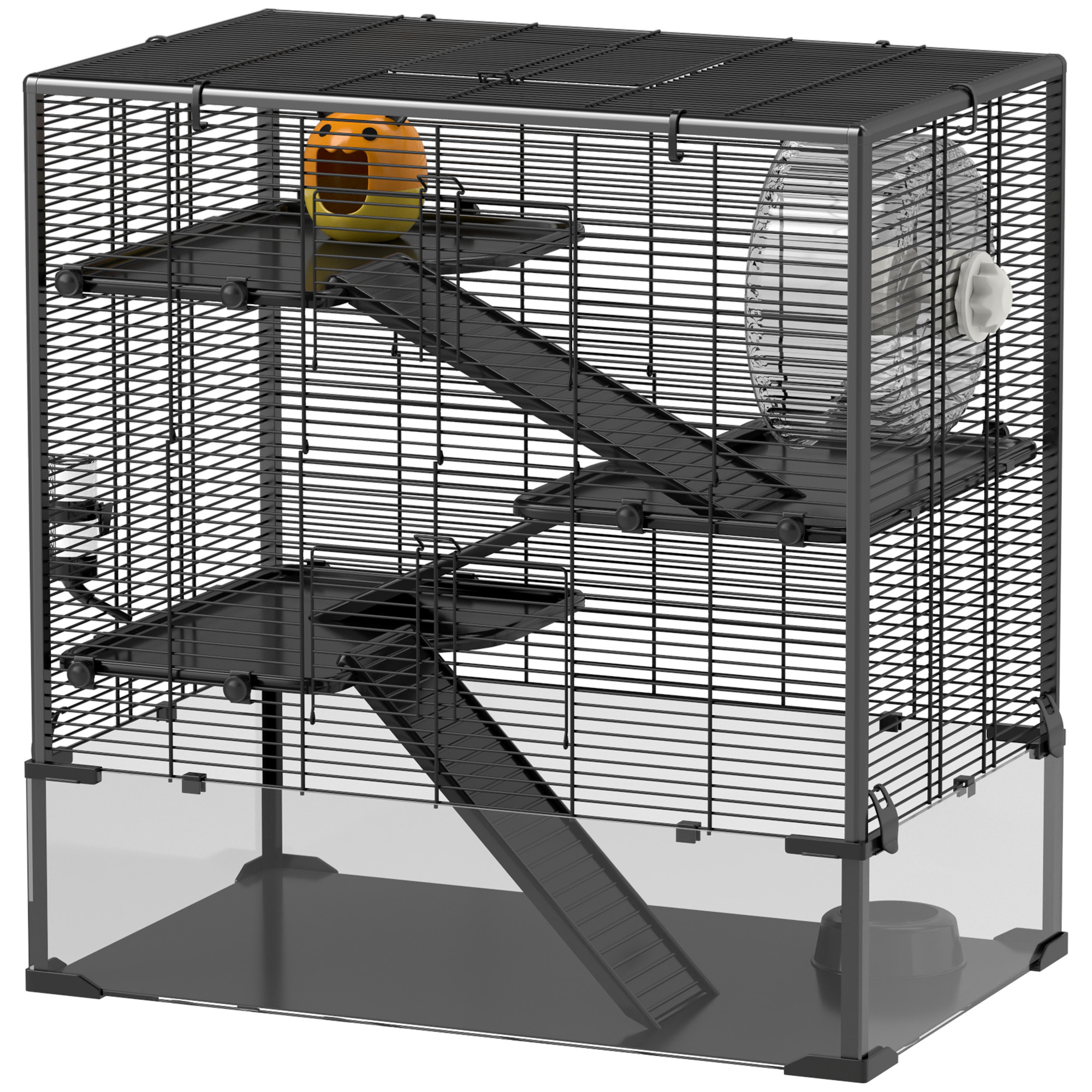 Hamsterihäkki lasipohjalla, 4-kerroksinen hamsterihäkki kopilla ja varusteilla, 78,5 x 48,5 x 80 cm, musta