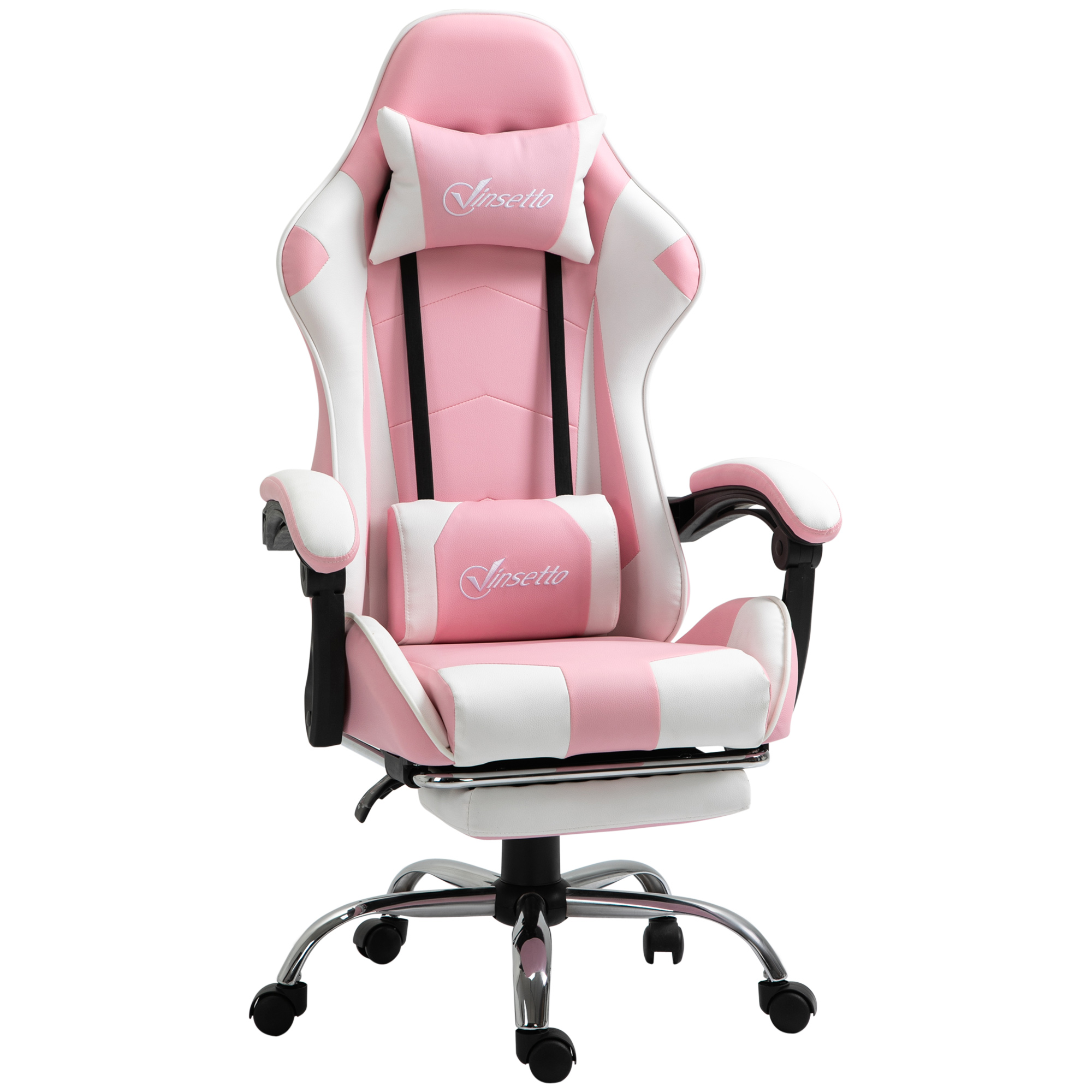 Pelituoli, tietokonetuoli, ergonominen toimistotuoli, pelituoli niskatuella, ristiselän tuki, korkeussäädettävä, 360° kääntyvä, vaahtomuovi, keinonahka, PVC, pinkki+valkoinen, 64 x 67 x 119-127 cm