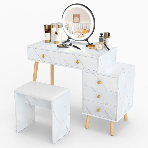 Kolme valgusrežiimi, eemaldatava peegli ja 5 sujuva sahtliga puidust kosmeetikalaud ning elegantne meigilaud, valge
