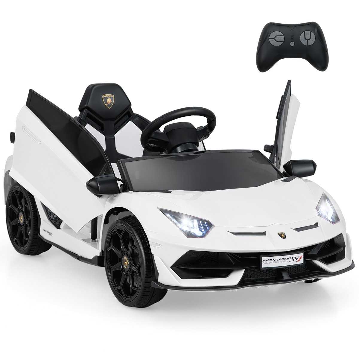Litsentseeritud Lamborghini laste elektriauto, LED-esitulede ja 2.4G puldiga akuga sõiduk poistele ja tüdrukutele, valge