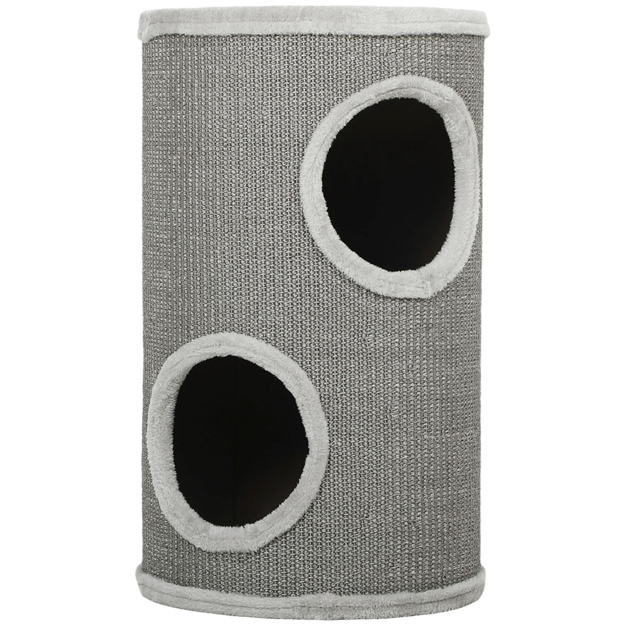 Raapimistynnyri, 60 cm korkea, Ø 35 cm, kaksikerroksinen kissantynnyri kahdella luolalla, pehmustettu reunus, 1-2 kissalle, enintään 5 kg, vaaleanharmaa