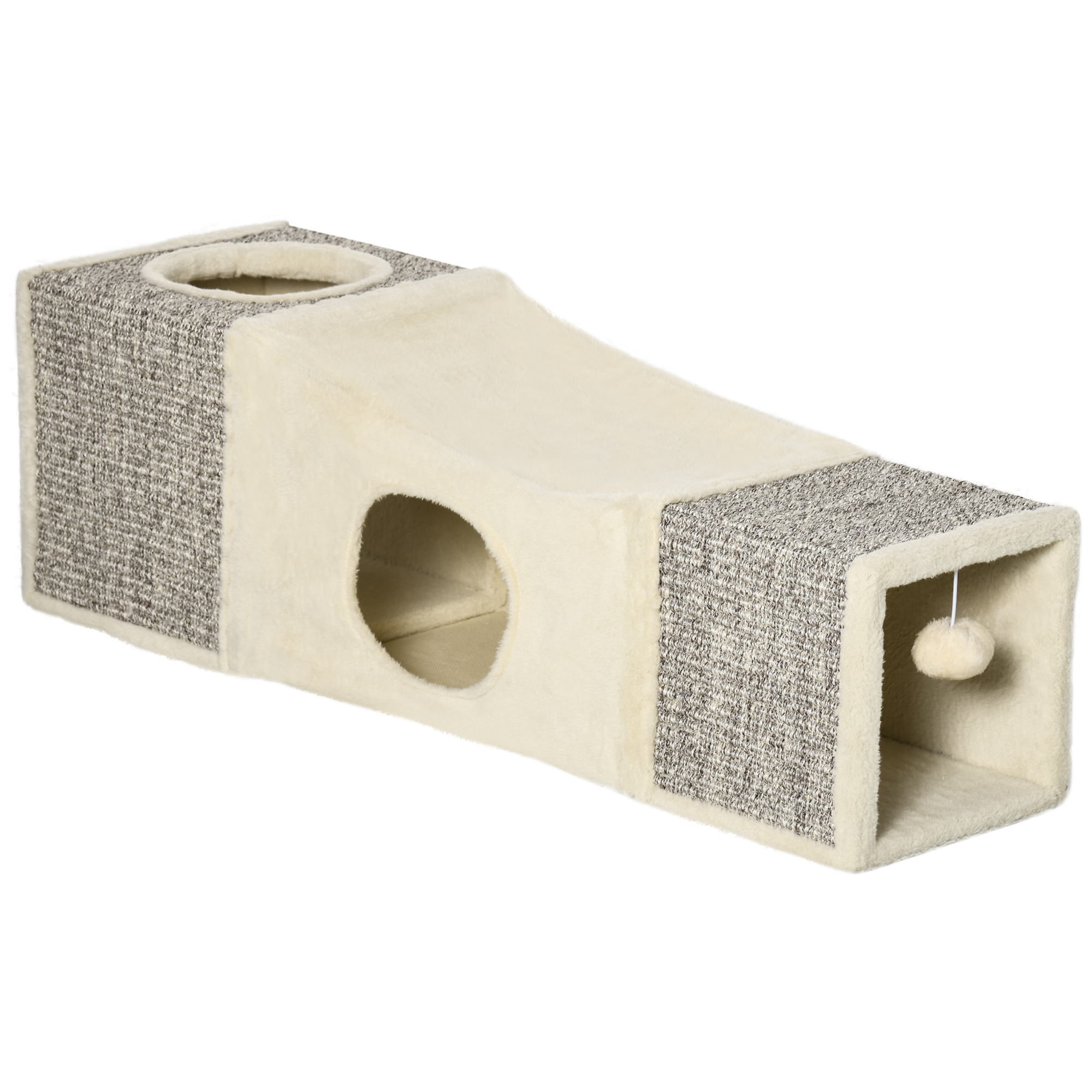 Kissatunneli, 2 kissaluolaa, raapima- ja pallolelut, 98 cm x 30 cm x 30 cm, ruskea + beige