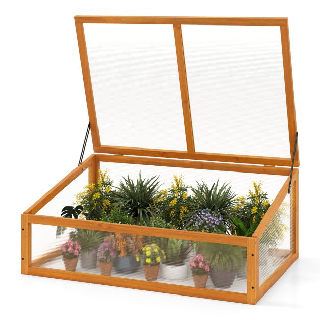 Läbipaistva klapitava katusega puidust lavaraam ja kõrgpeenra kaitse- ja taimemaja (94 x 63 x 40 cm), oranž