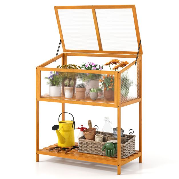 Läbipaistva avatava katuse ja alumise hoiuriiuliga puidust lavaraam ning minikasvuhoone (90 x 50,5 x 105 cm), oranž