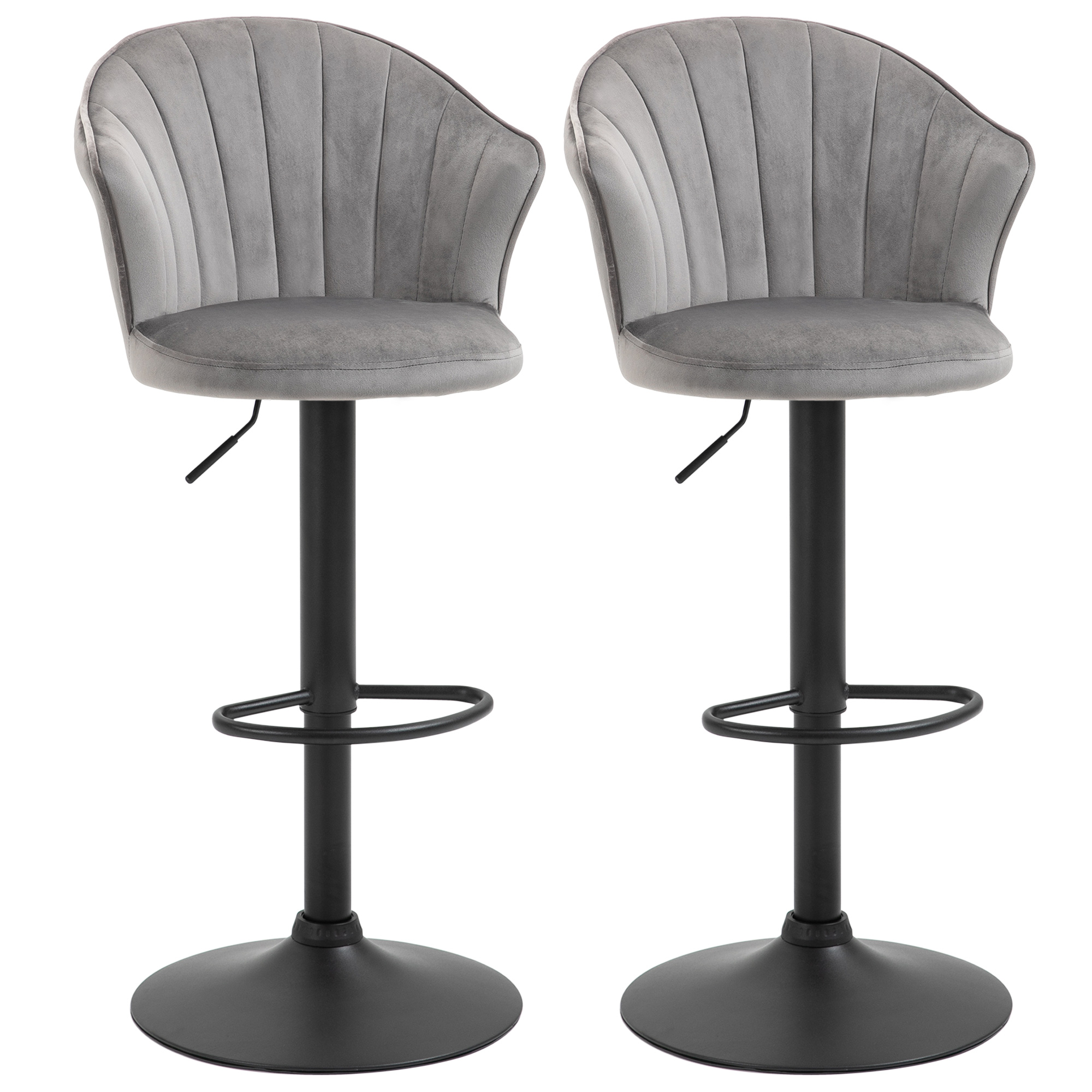 2 pyörivän baarijakkaran setti selkänojalla, samettinen bistrotuoli, korkeussäädettävät baarijakkarat, käsinojaton vaahtomuovi, harmaa, 54 x 56 x 91-111 cm