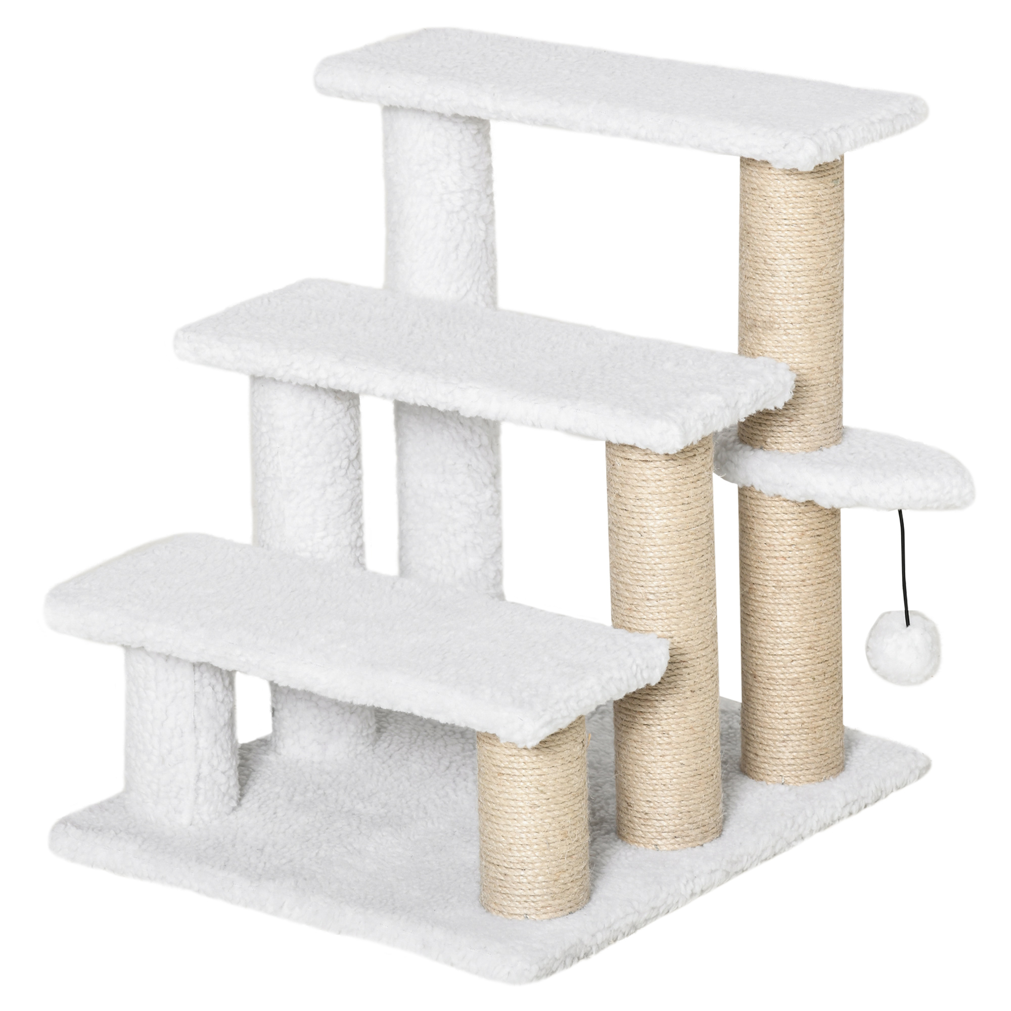 Kissanportaat, 3-askelmaiset lemmikkiportaat raapimapuilla ja pallolla, koiranportaat, lemmikkiportaat kissoille jopa 5 kg, pehmeä juutti, valkoinen, 45 x 40 x 48 cm