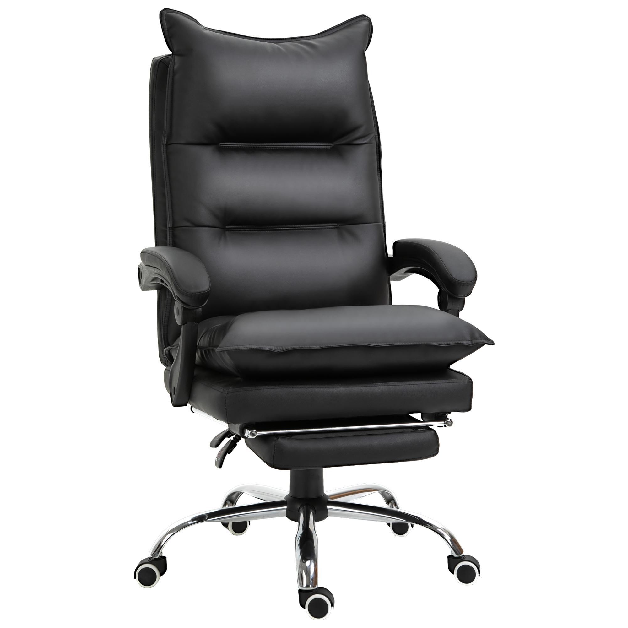 Ergonominen työtuoli käsinojilla, jalkatuki, korkeussäädettävä pyörivä tuoli keinonahasta, verhoiltu tietokonetuoli, musta