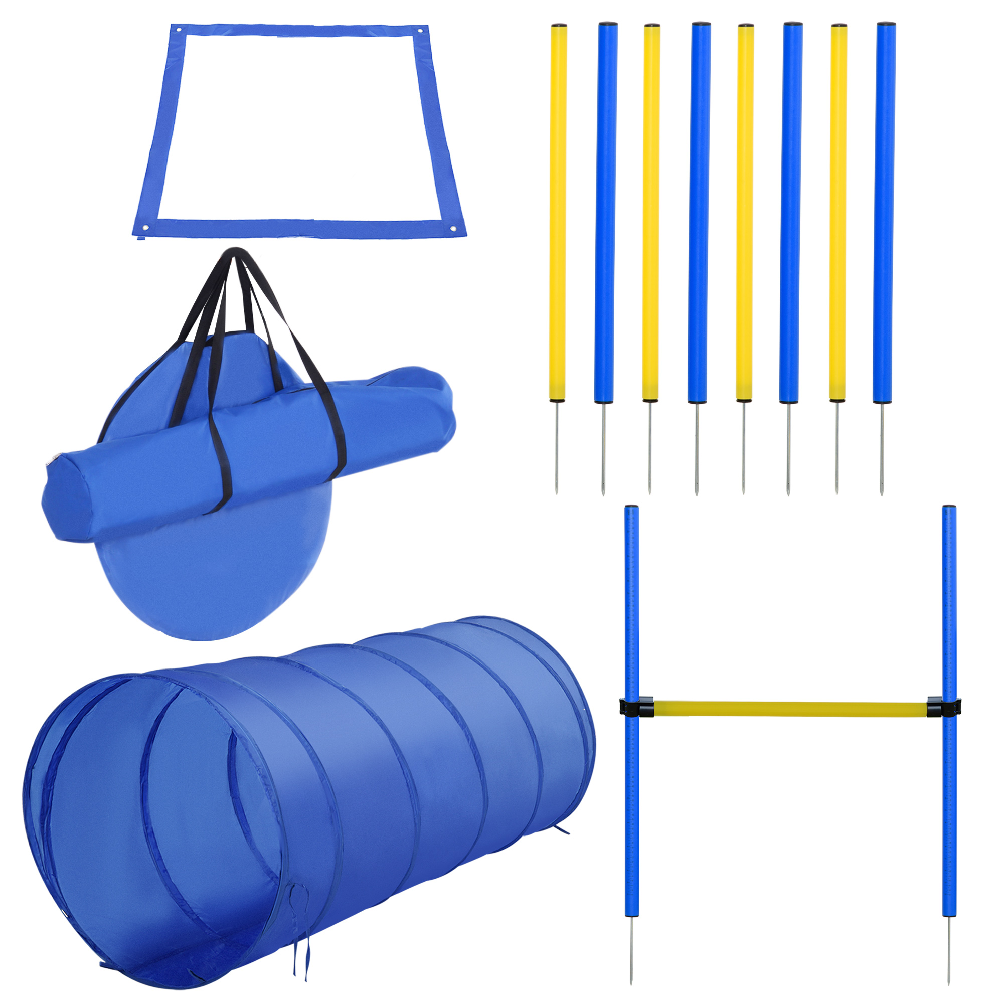 Agility-setti koirille, 4-osainen agility-välinesetti koiratunnelilla, aitajuoksu, 8 pujottelukeppiä, lähtökenttä, säilytyspussi, lukittuva aitasetti koiran koulutukseen, koulutussetti koirille, keltainen+sininen