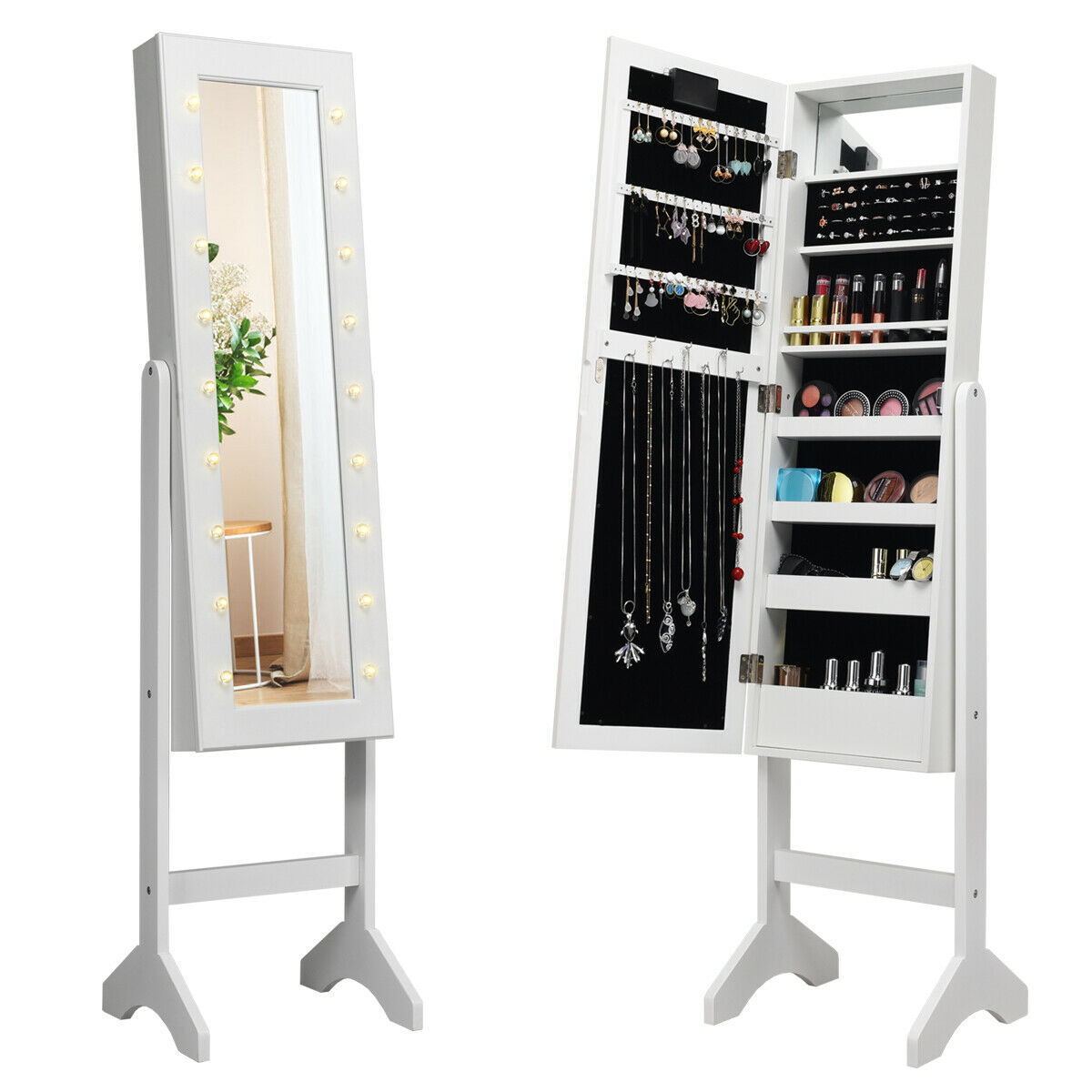 Peilattava korukaappi-armoire-järjestäjä LED-valoilla - valkoinen