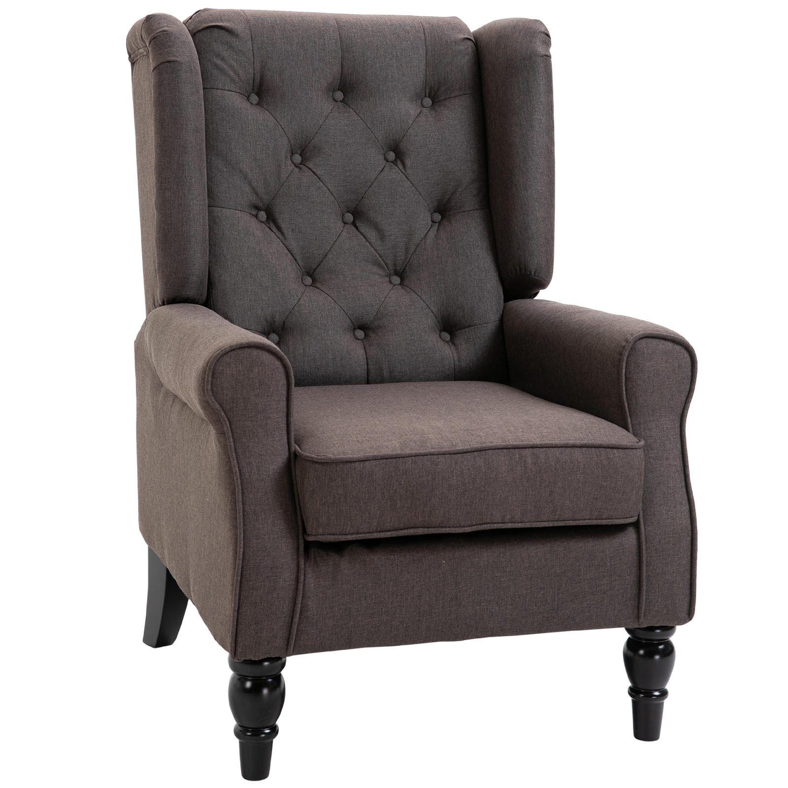 Wingback-nojatuoli tuftauksella, korkea selkänoja, verhoiltu lepotuoli pyöristetyillä käsinojilla, puiset jalat, makuuhuoneeseen, olohuoneeseen, jopa 160 kg, ruskea