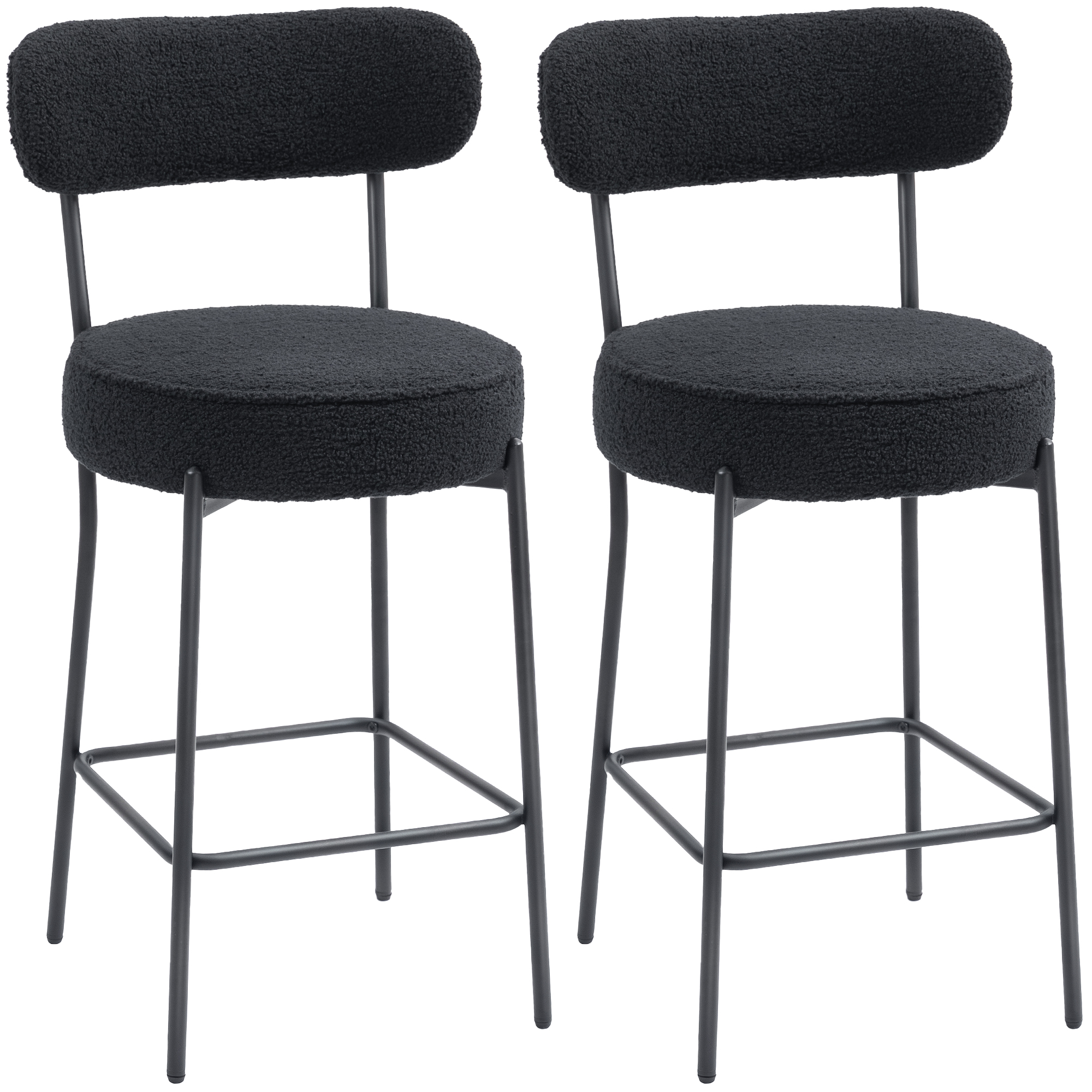 2 baarijakkaran setti, jossa verhoiltu istuin ja jalkatuki, fleecepäällinen, metallirunko, musta