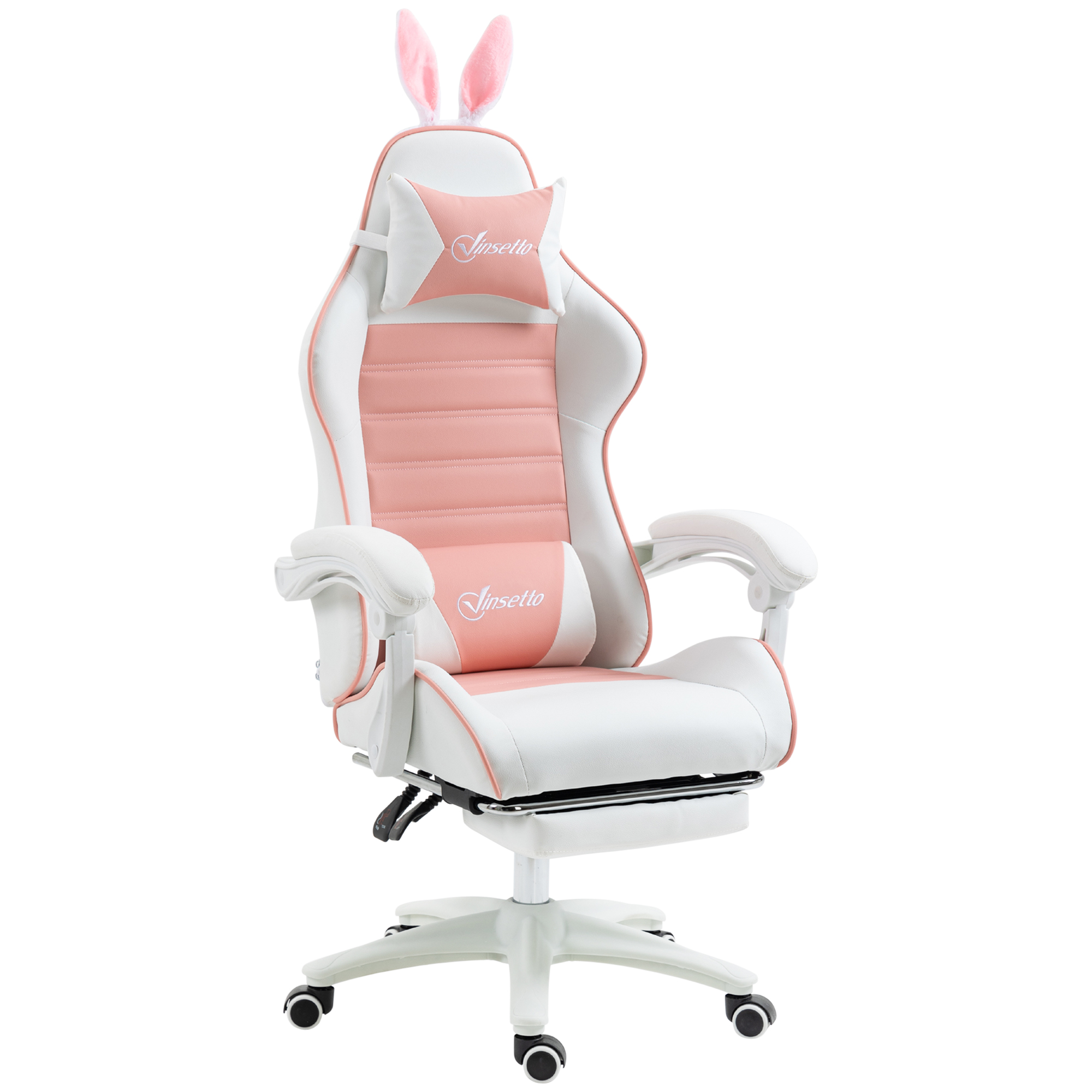 Pelituoli Ergonominen pelituoli ristiselän tuella, jalkatuki, pupunkorvat, niskatuki, vaaleanpunainen