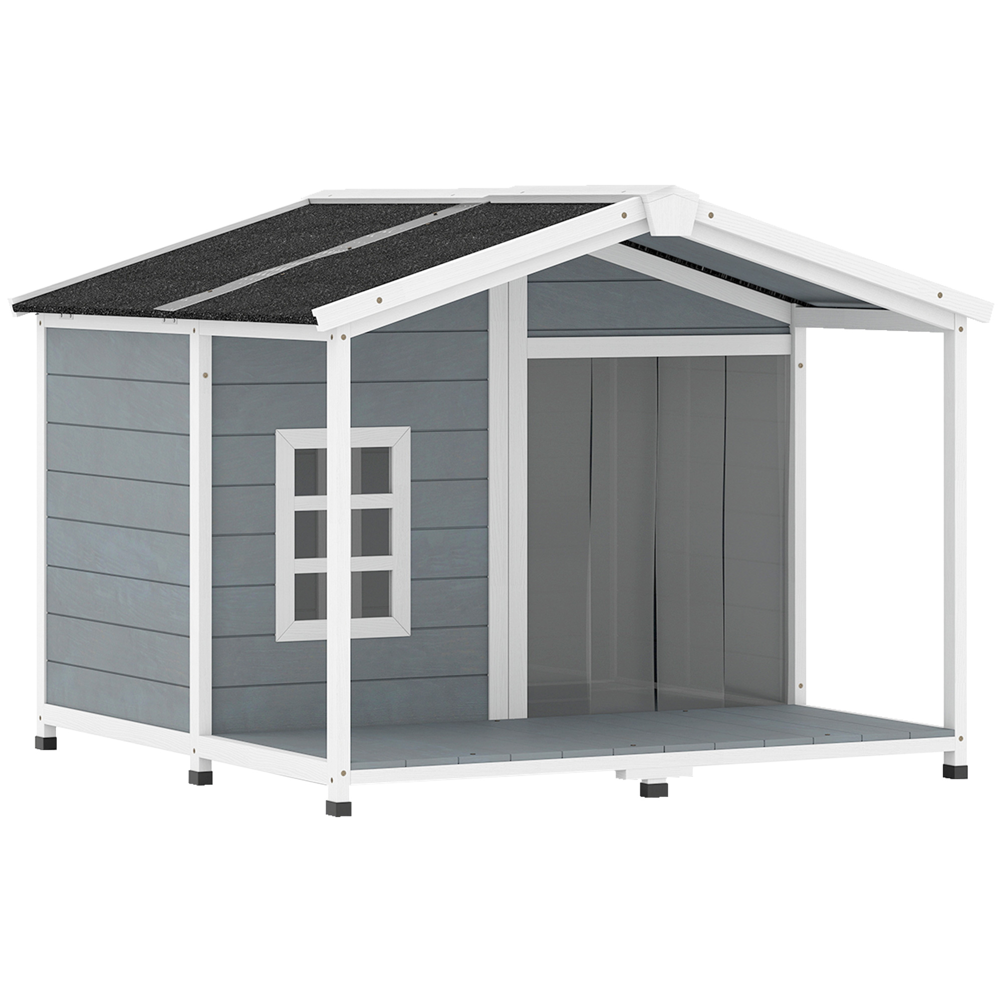 Ilmastikukindel kõrgendatud puidust koerakuut asfaltkatuse ja terrassiga keskmise suurusega koertele 103x107x83 5cm hall