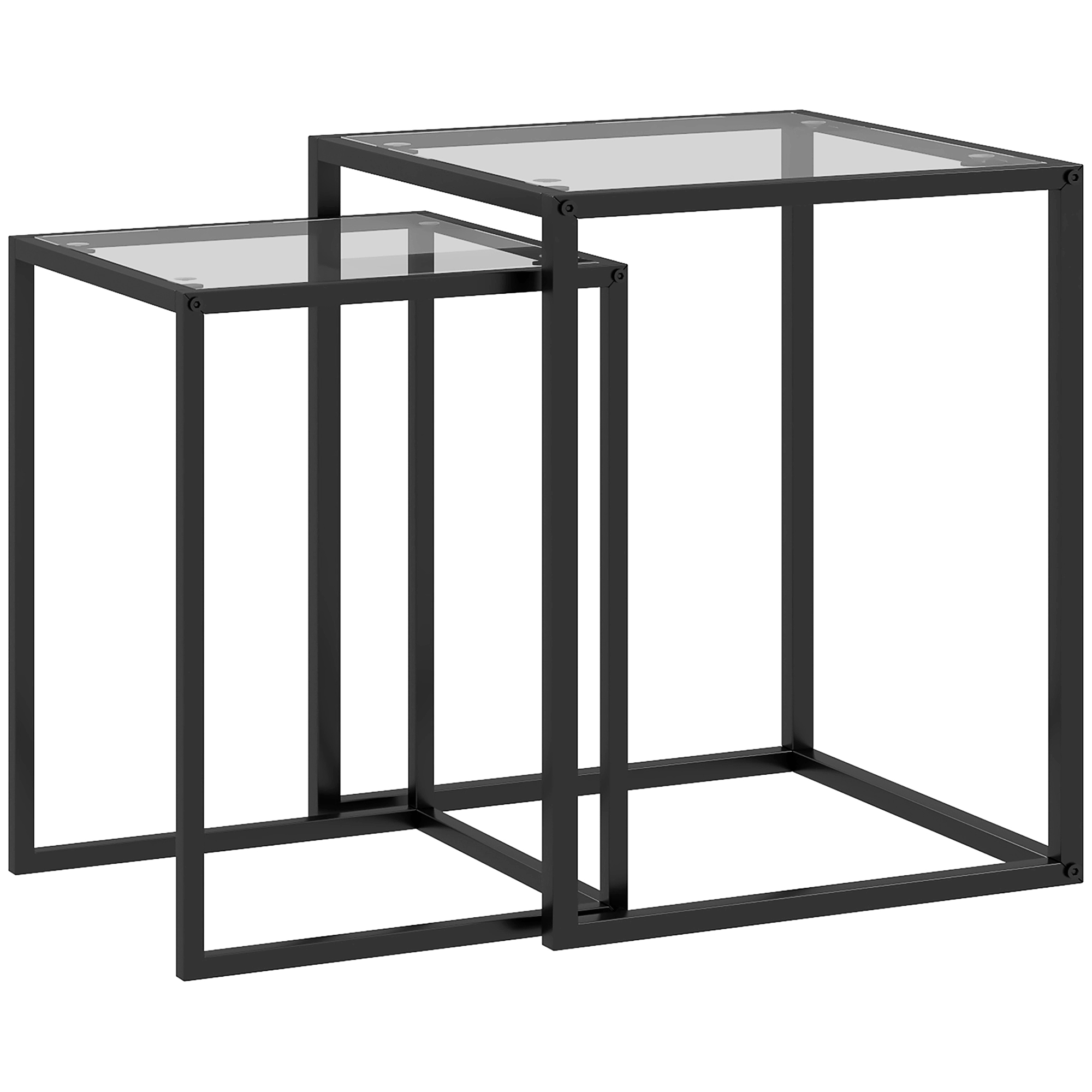 2 sivupöytää, pinottavat yöpöydät/sohvapöydät teräsjaloilla, moderni muotoilu olohuoneeseen, musta