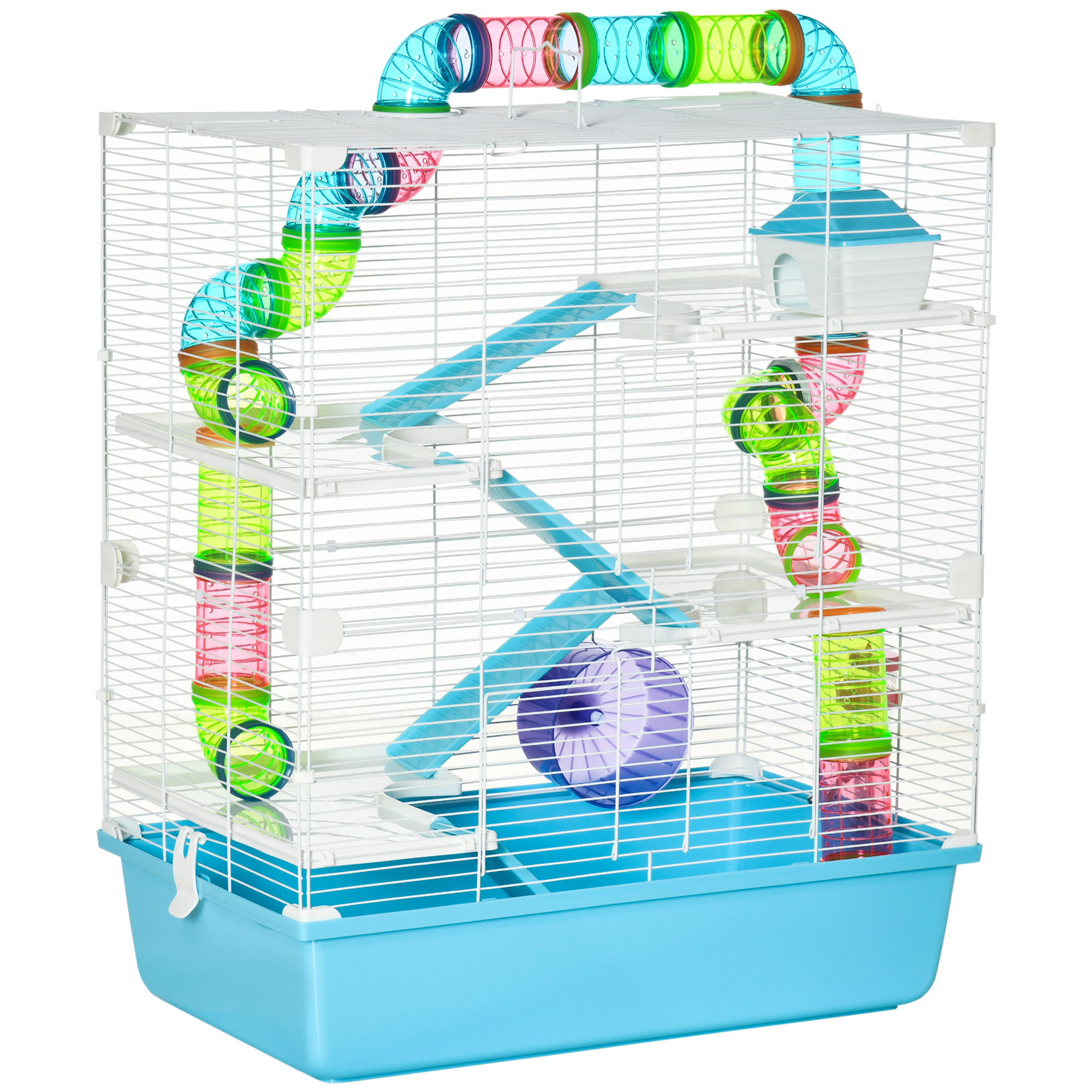 Hamsterin häkki, 5 tasoa, jyrsijän häkki, pieneläinten häkki teräslangasta juoksupyörällä, ramppi, vesipullo, ruokakuppi, hiirihäkki hamstereille, gerbiileille, 59 x 36 x 69 cm, vaaleansininen+valkoinen