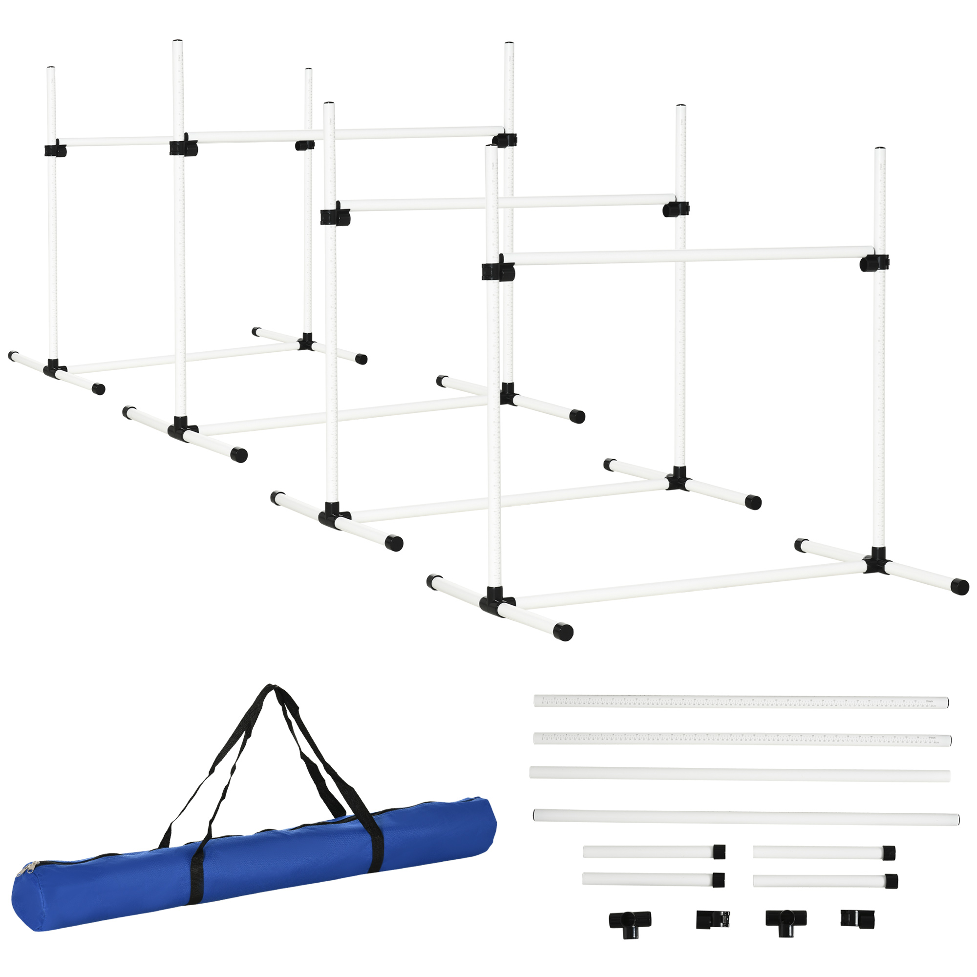 Agility-setti koirille, 4-osainen korkeussäädettävä agility-välinesetti, hyppykeppisetti, lukittuva aitasetti 4 aidalla, kantolaukku, koordinaatioharjoitteluun, hyppykeppisetti peleihin ja koulutukseen
