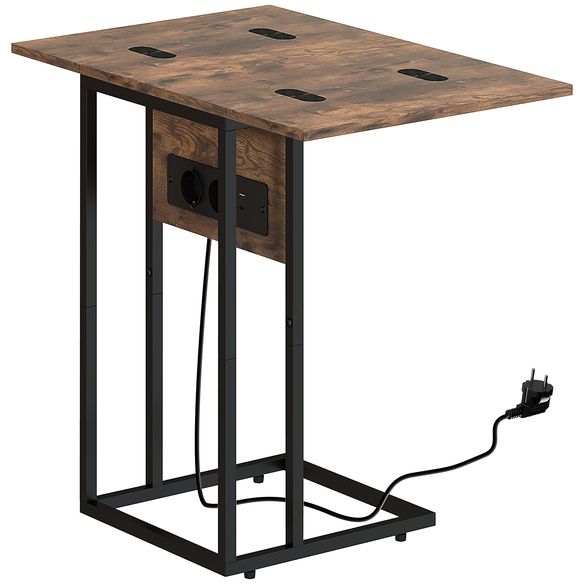 Taittuva sivupöytä, latausasema USB-porteilla, metalli, 39 x 29 x 57 cm, ruskea