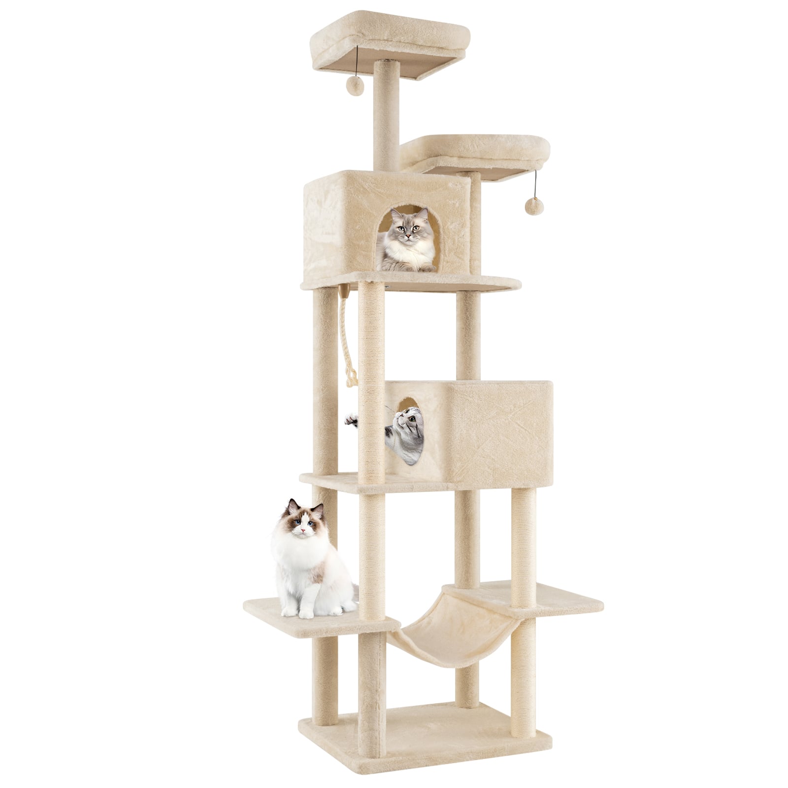 205 cm suuri monitasoinen kissanpuu, jossa 2 lokeroa, 2 lepotasoa, sisalista valmistetut raapimapuut, beige