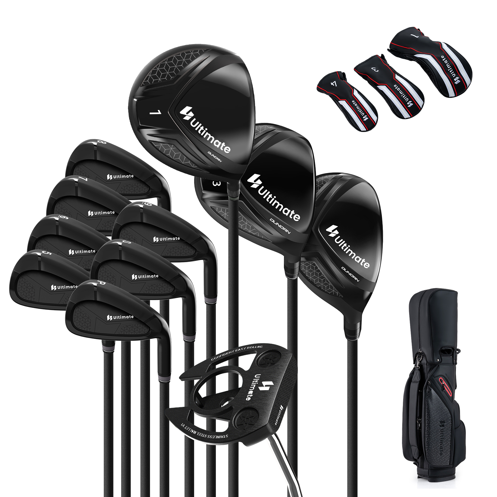 11-osainen golfmailasetti oikeakätisille pelaajille golfbägin kanssa. Golfsetti, golfmailasetit, caddy-bägi.