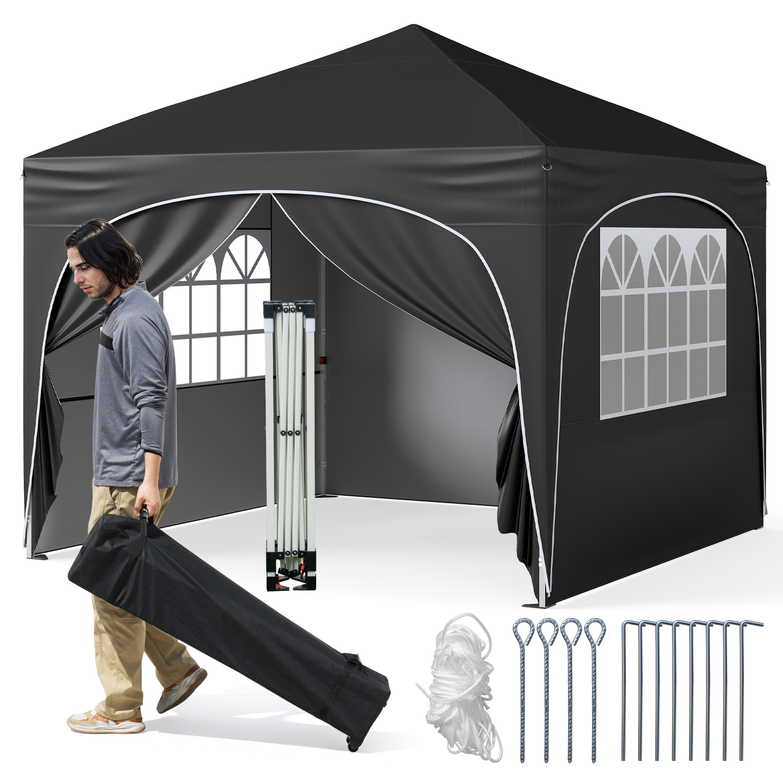 Pop-up nopeasti pystytettävä puutarhateltta ja -paviljonki neljällä irrotettavalla sivuseinällä, pyörillä varustettu kuljetuslaukku ja panokset, 3 x 3 m, musta