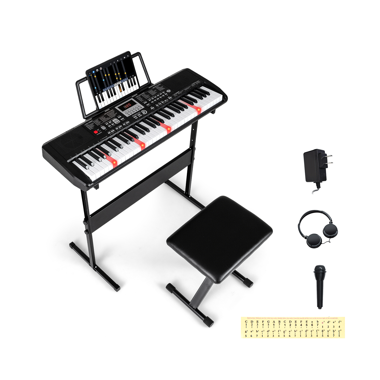 61-koskettiminen pianokoskettimisto aloittelijoille, elektroninen kosketinsetti korkeussäädettävällä jalustalla, musta