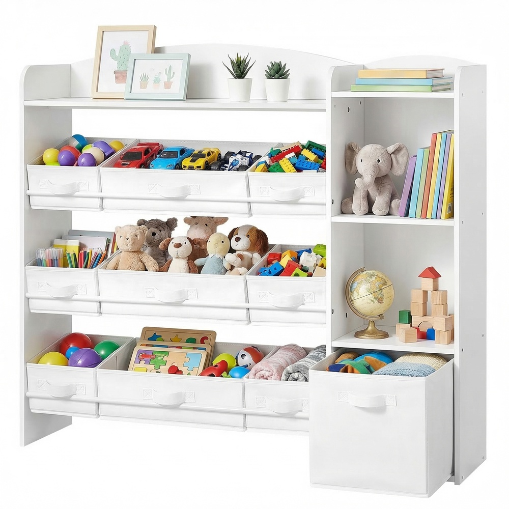 Children's room shelf with 8 storage boxes, wooden toys and book organizer