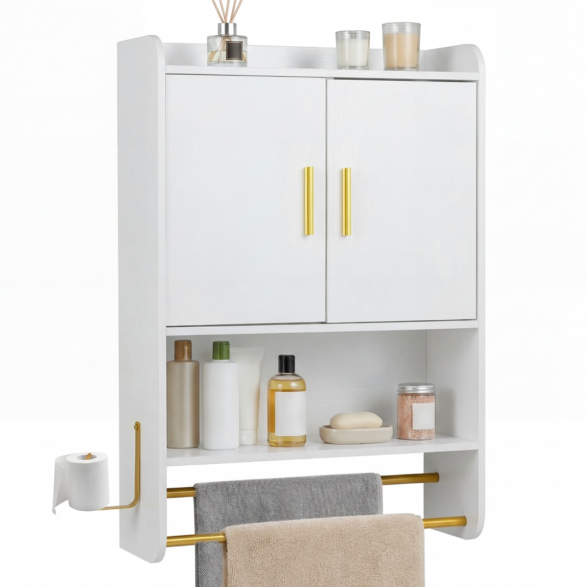 Puinen kylpyhuoneen seinäkaappi kahdella ovella, avoin lokero ja irrotettavat ja säädettävät hyllyt, 55 x 20 x 80 cm, valkoinen