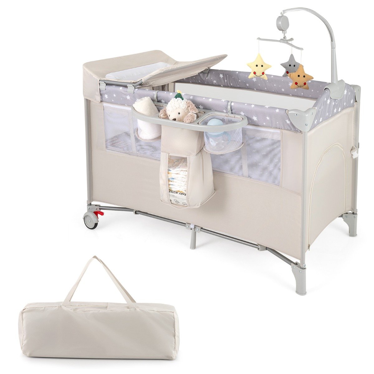 5-in-1 kokoontaitettava matkasänky patjalla, 2-tasoinen vauvansänky pyörillä, beige