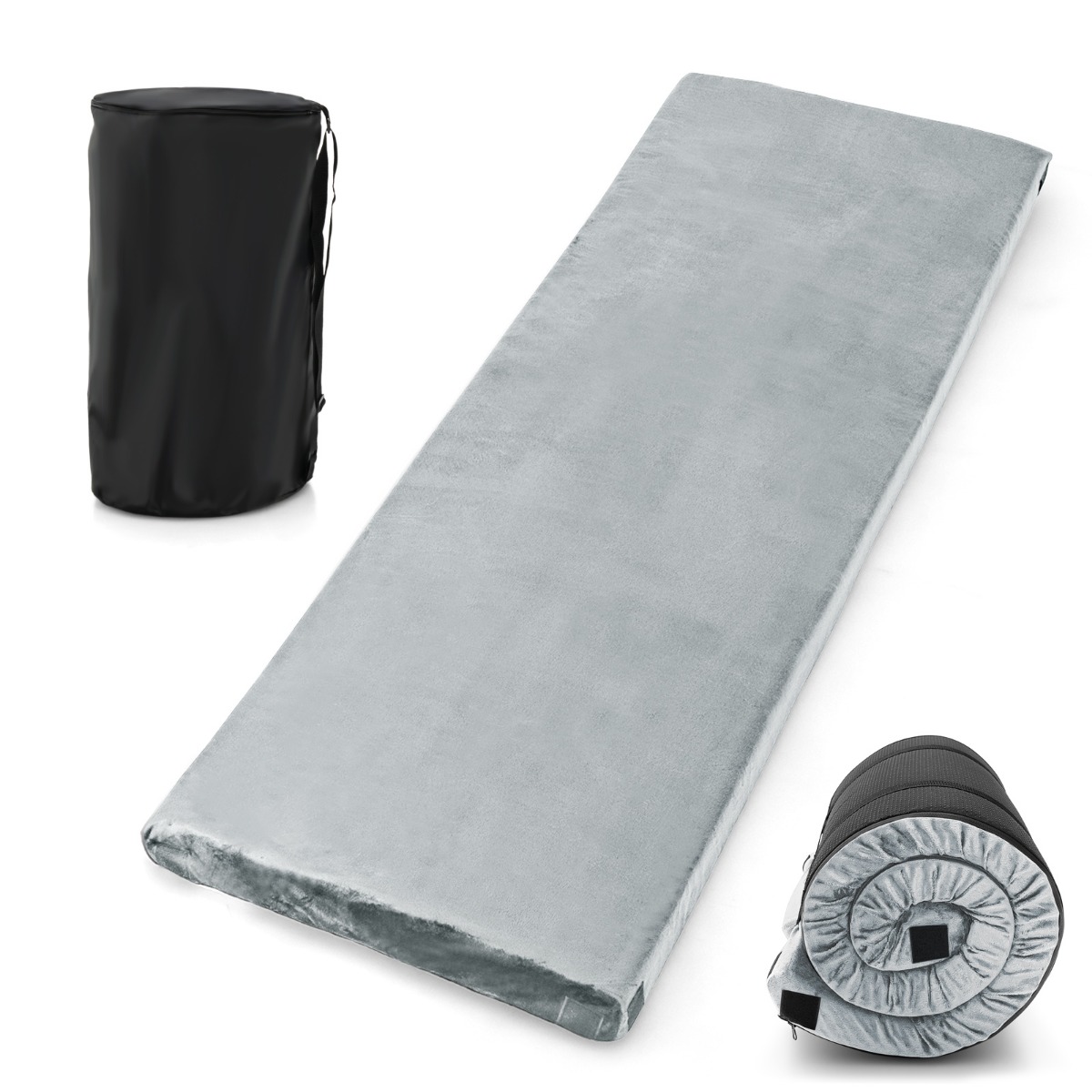 Mäluvahust (Memory-foam) kerge matkamadrats ja flanellkattega rullitav magamismatt (183 x 62,5 x 6,5 cm), hall