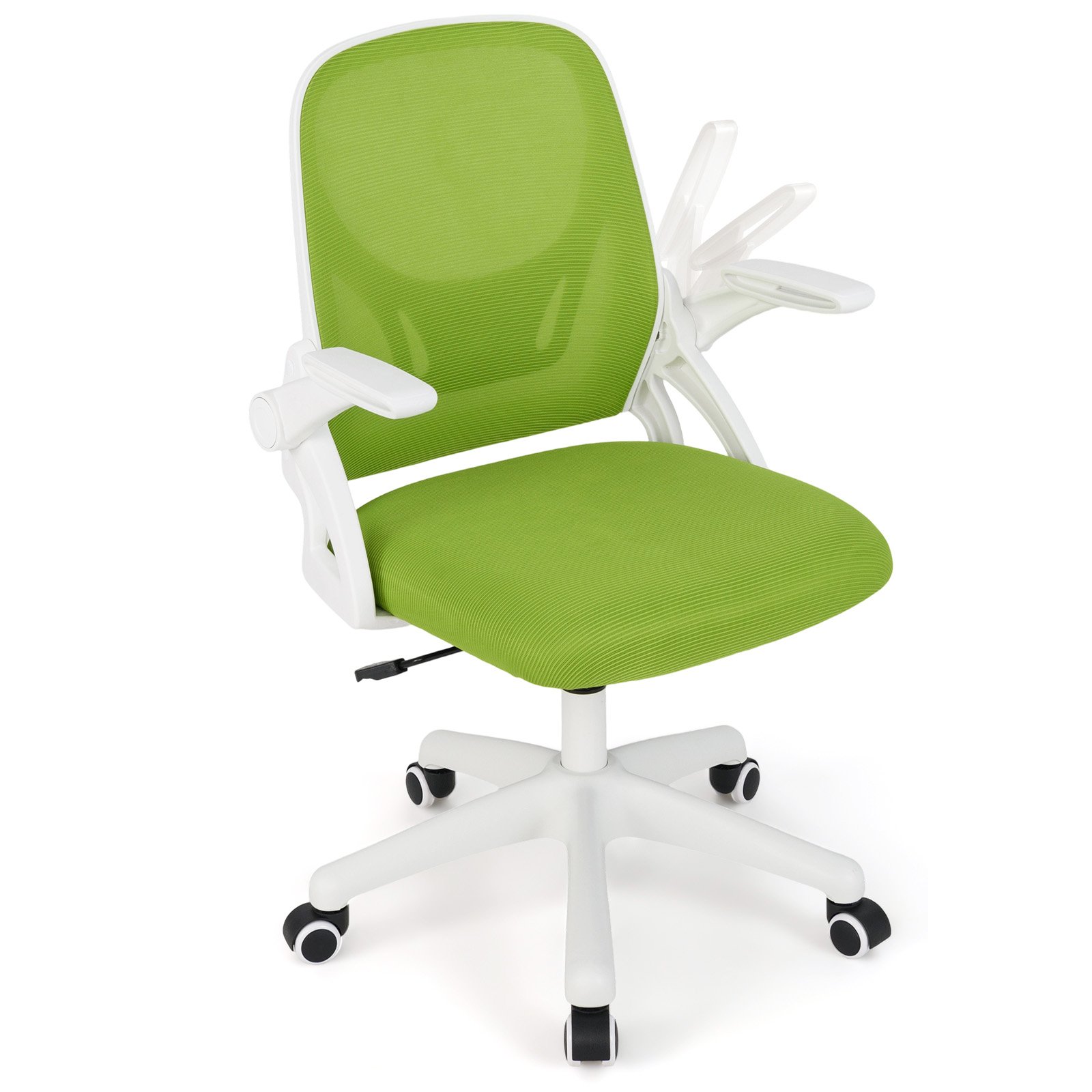 Ergonominen työtuoli, jossa taittuvat käsinojat ja keinutoiminto. Vihreä työtuoli.