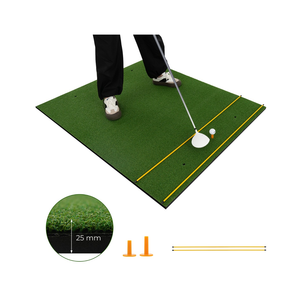 Tekonurmimatto sisä- ja ulkogolfharjoitteluun, sisältää 2 kumitiitä ja 2 suuntauskeppiä - 25 mm