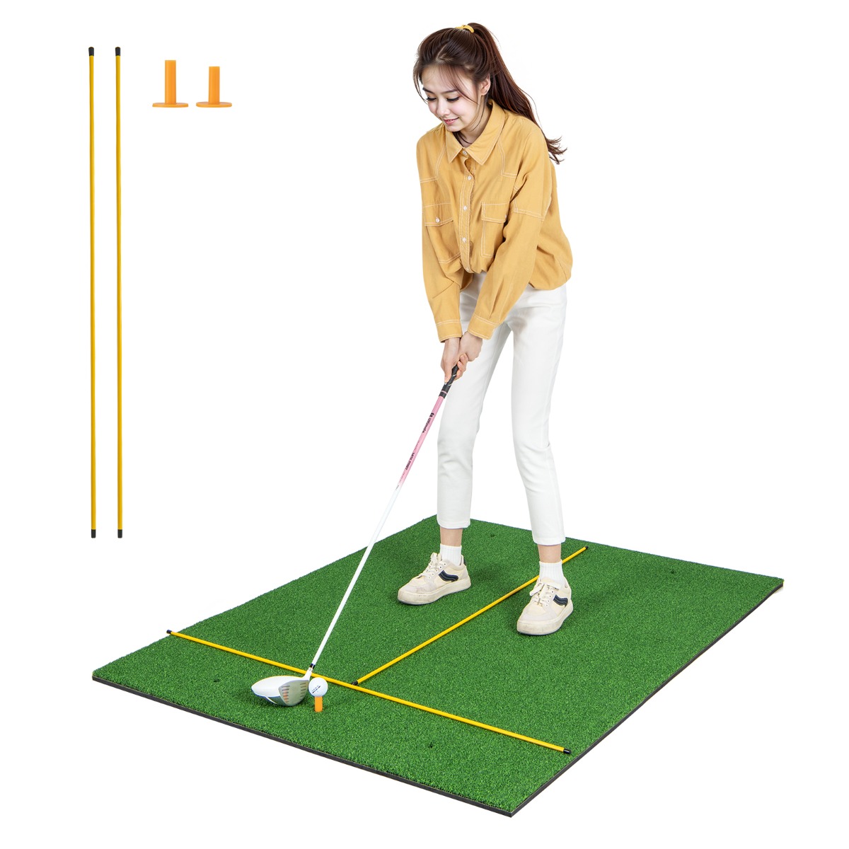 Tekonurmimatto sisä- ja ulkogolfharjoitteluun, sisältää 2 kumitiitä ja 2 suuntauskeppiä - 27 mm
