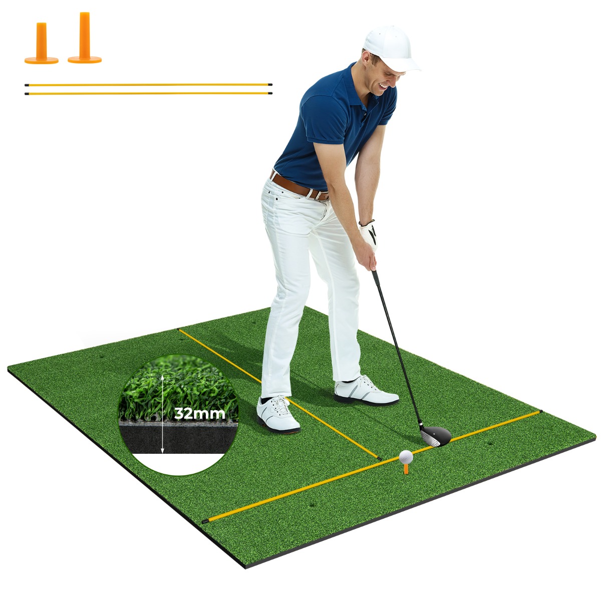 Tekonurmimatto sisä- ja ulkogolfharjoitteluun, sisältää 2 kumitiitä ja 2 suuntauskeppiä - 32 mm