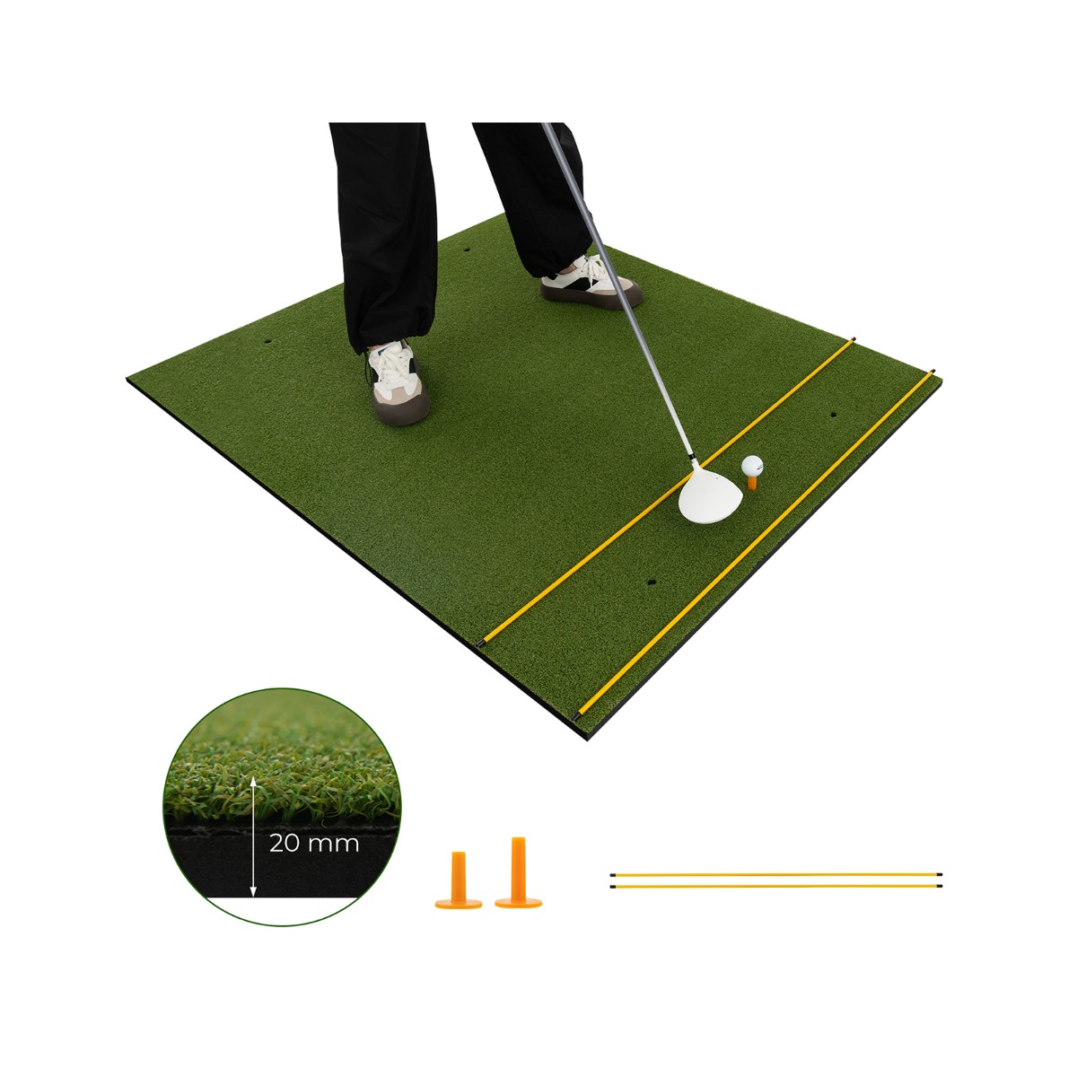 Tekonurmimatto sisä- ja ulkogolfharjoitteluun, sisältää 2 kumitiitä ja 2 suuntauskeppiä - 20 mm