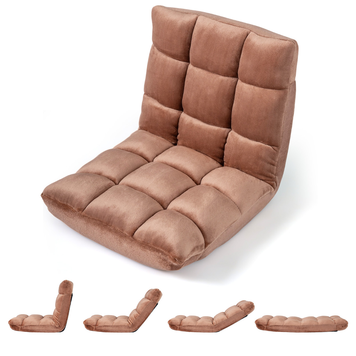 Säädettävä 14-asentoinen lattiatuoli, kokoontaitettava nojatuoli, pehmeä flanellipäällinen - beige
