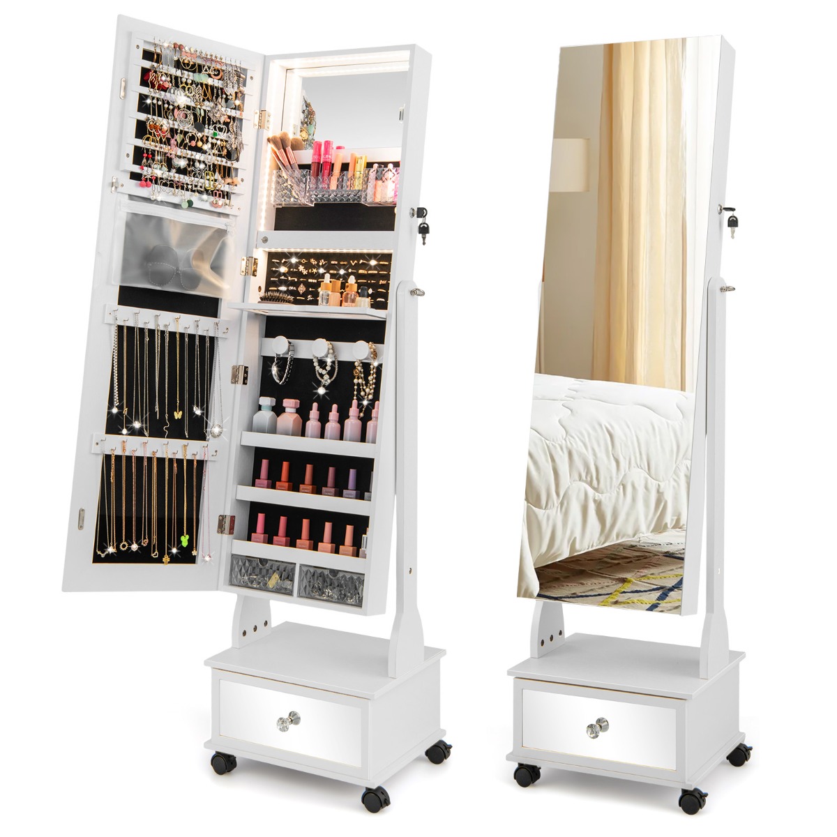 119 cm lukittava korukaappi, jossa 3-väriset LED-valot - valkoinen