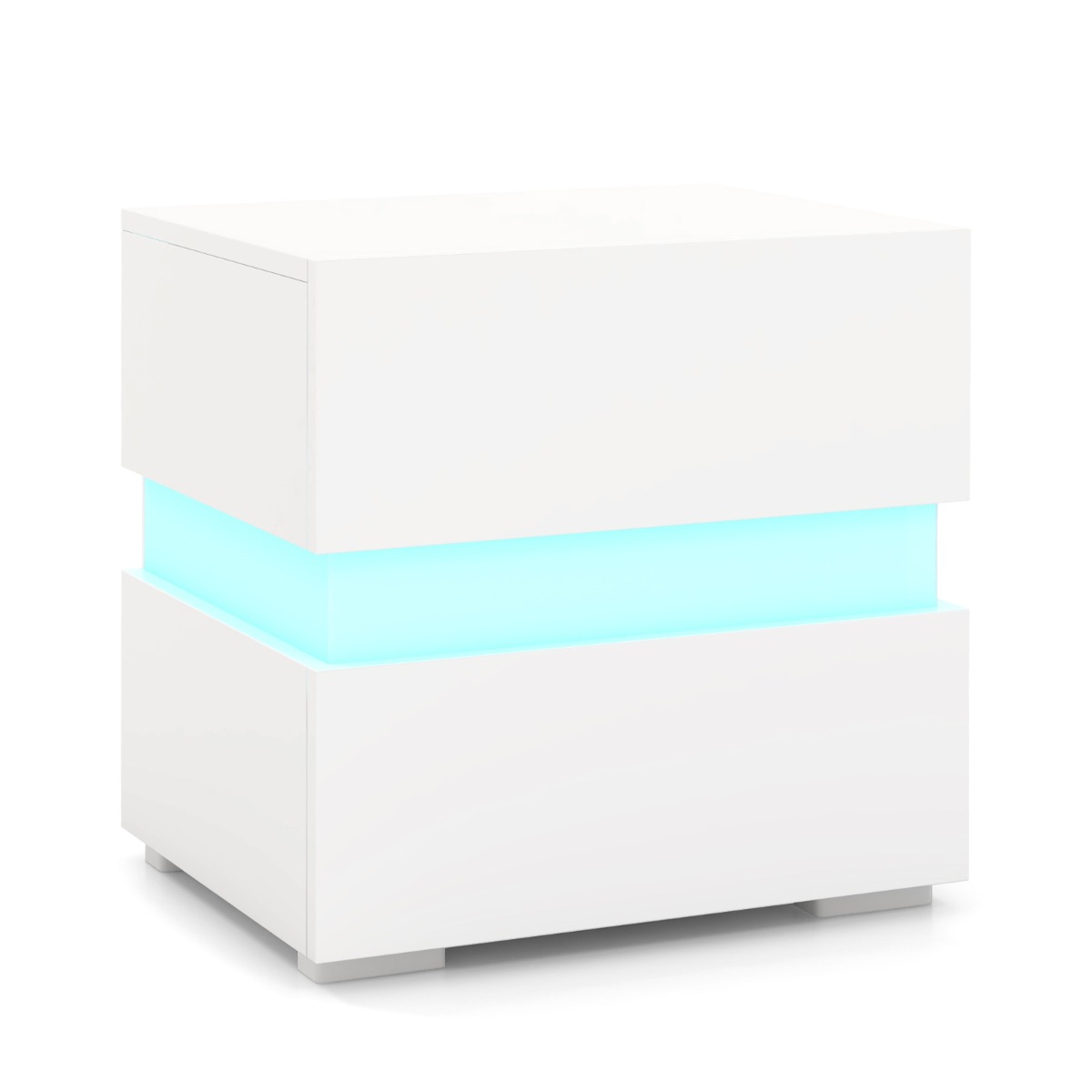 Yöpöytäsetti, 2 LED-yöpöytää, korkeakiiltoinen yöpöytä, yöpöytä kahdella laatikolla, valkoinen