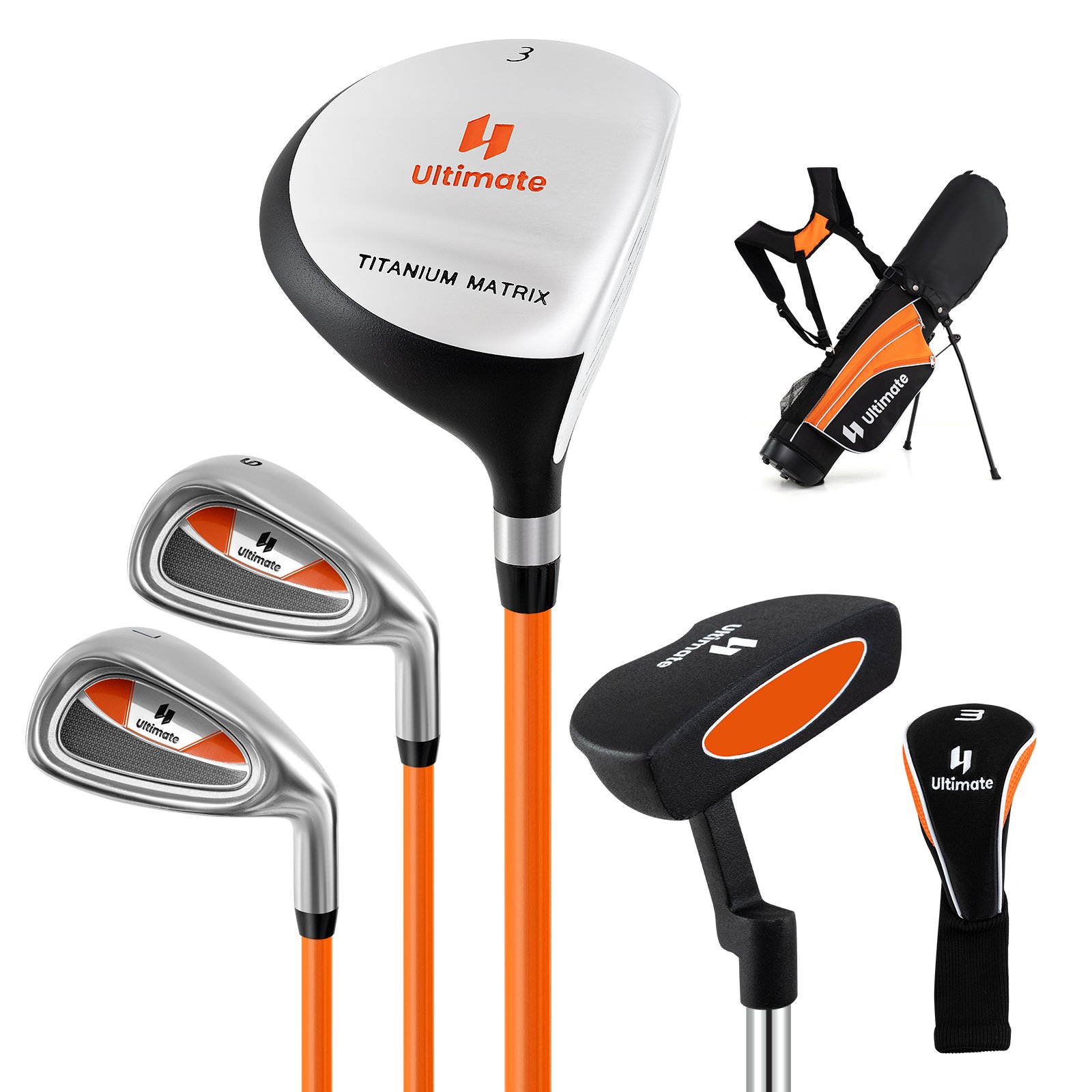 Komplektne paremakäeliste laste golfikeppide komplekt ja stabiilne õppekomplekt 11–13 aastastele noortele, oranž