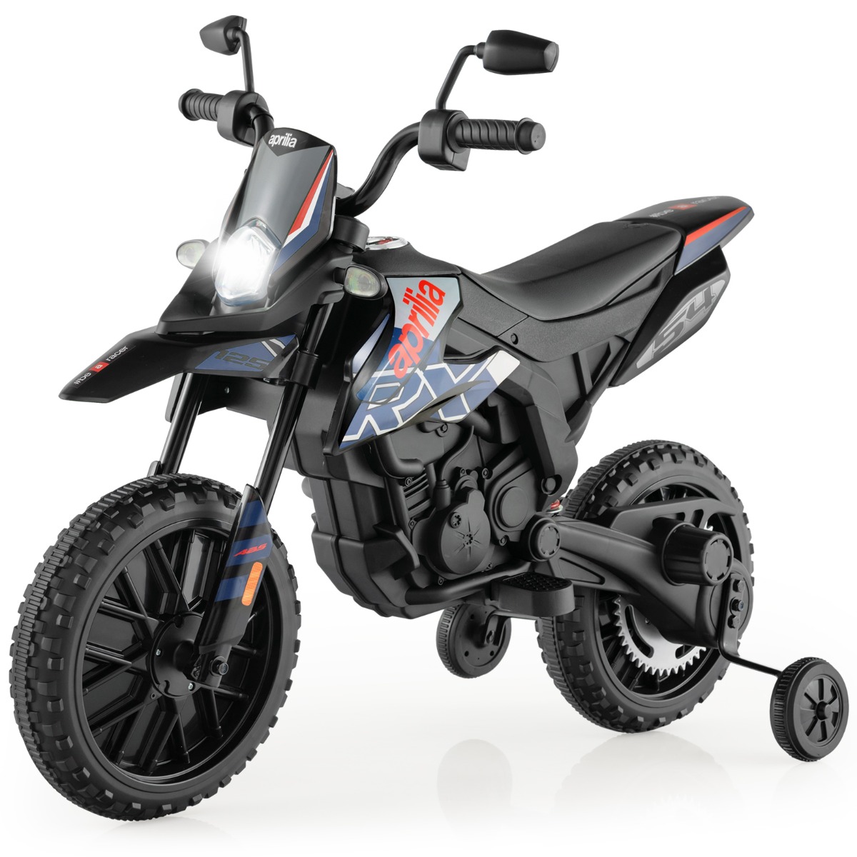 Aprilia sähkökäyttöinen lasten moottoripyörä apupyörillä, musiikilla ja ajovalolla, 12 V lasten moottoripyörä, sininen