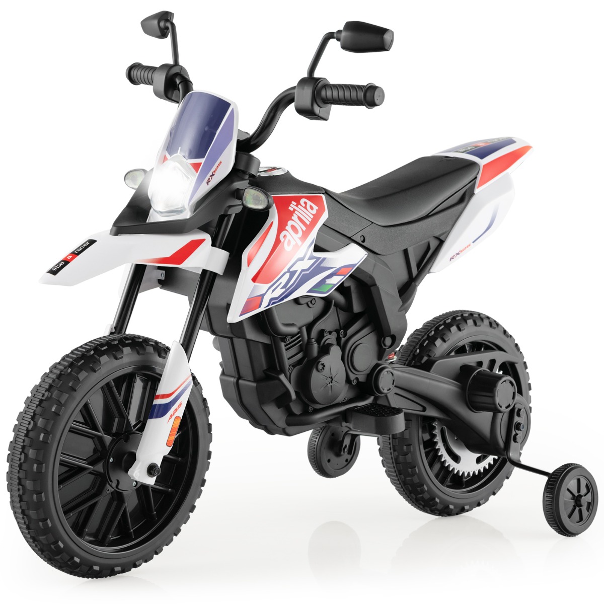 Litsentseeritud Aprilia 12 V laste elektrimootorratas, abirataste, muusika und LED-esituledega krossikas, valge