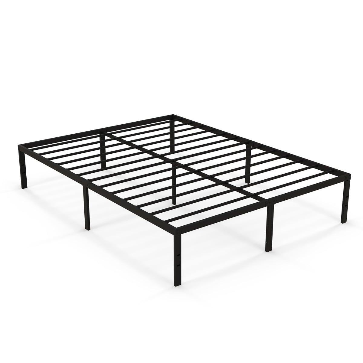 Vahva metallinen sängynrunko sälepohjalla (korkeus 36 cm), tasosänky tilavalla sängyn alla säilytystilalla ja patjapohjalla, musta