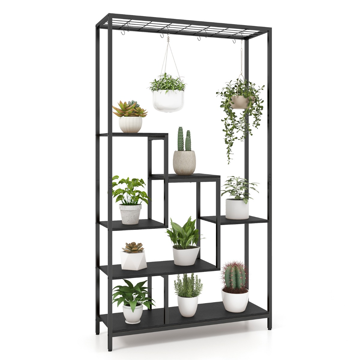6-tasoinen korkea kasviteline 180 cm metallinen sisäkasvihylly 10 ripustuskoukulla - musta