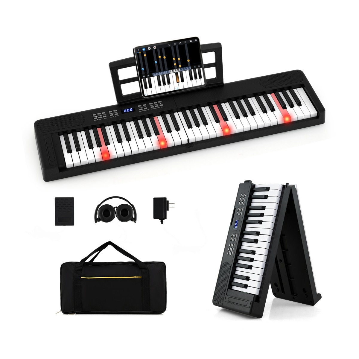 Lasten kokoontaitettava piano 61 koskettimella, täysikokoinen elektroninen koskettimisto MIDI- ja jakotoiminnolla, kuulokkeet ja sustain-pedaali, musta piano