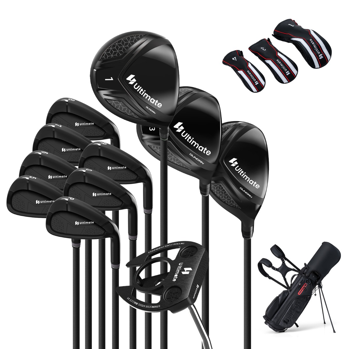 Miesten täydellinen golfmailasetti kannettavalla golfbägillä ja -telineellä, täydellisellä putterilla ja sadesuojalla