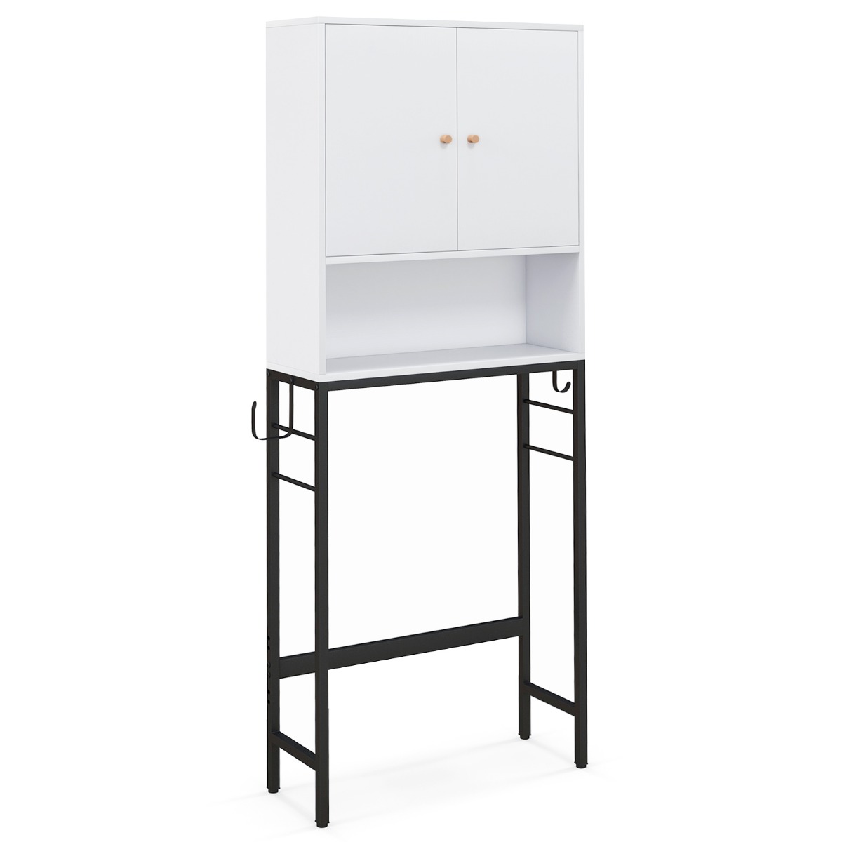 Erillinen hylly wc:n takana kahdella ovella ja 2 lisäkoukulla sekä korkea puinen kylpyhuonekaappi, 63 x 23 x 165,5 cm, valkoinen